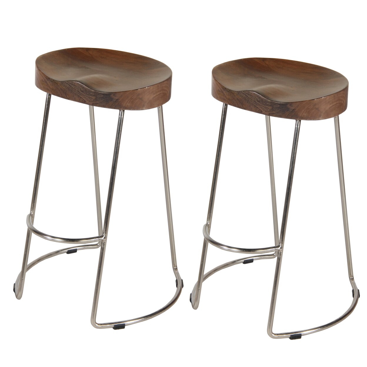Saltoro Sherpi Ela 30 Inch Mango Wood Bar Stool, Saddle Seat, Iron, Set of 2, Walnut Brown, Silver