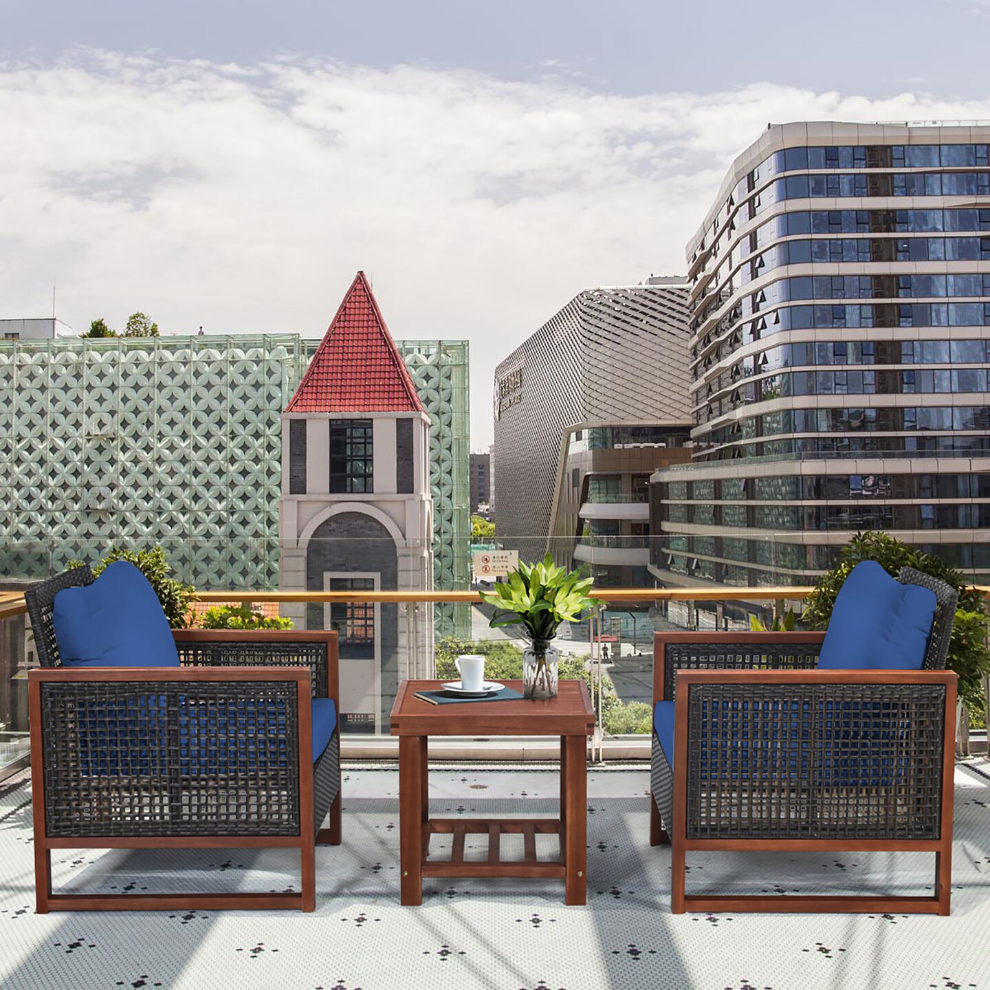 Costway 3PCS Patio Wicker Furniture Set Solid Wood Frame Cushion Sofa w/ Square Table Shelf