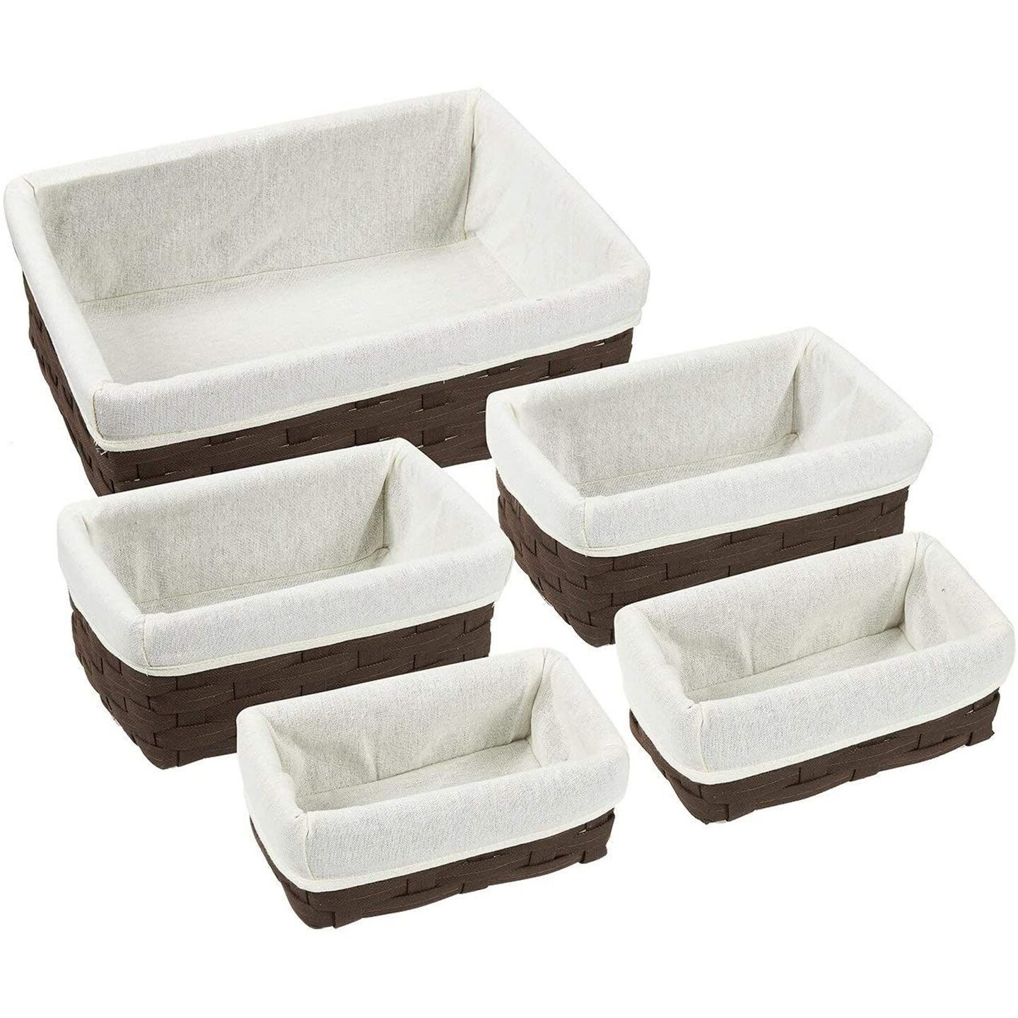 Set of 5 Brown Wicker Nesting Baskets with Cloth Lining for Storage, Decorative Lined Bins for Organizing Closet, Bathroom (3 Sizes)
