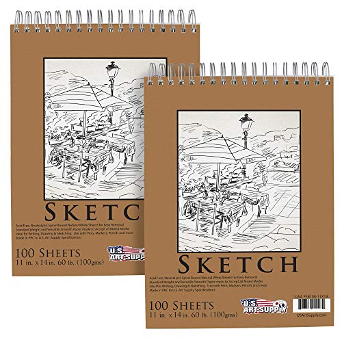 U.S. Art Supply 11 x 14 Sketch Book Pad, Pack of 2, 100 Sheets Each, 60lb  (100gsm) - Spiral Bound Artist Sketching Drawing Paper Pad, Acid-Free -  Graphite Colored Pencils, Charcoal - Adults Students