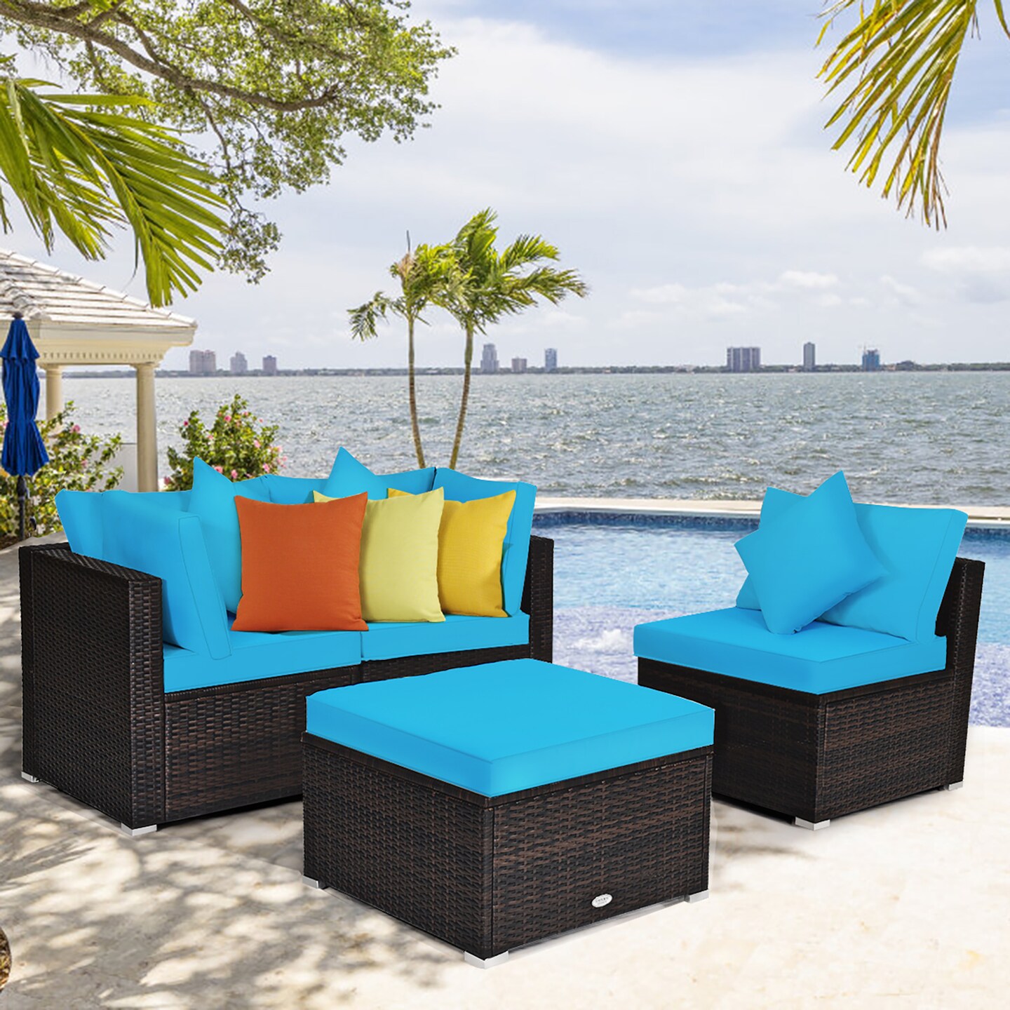 Costway 4PCS Patio Rattan Wicker Furniture Set Cushioned Sofa Ottoman Garden Turquoise\Red