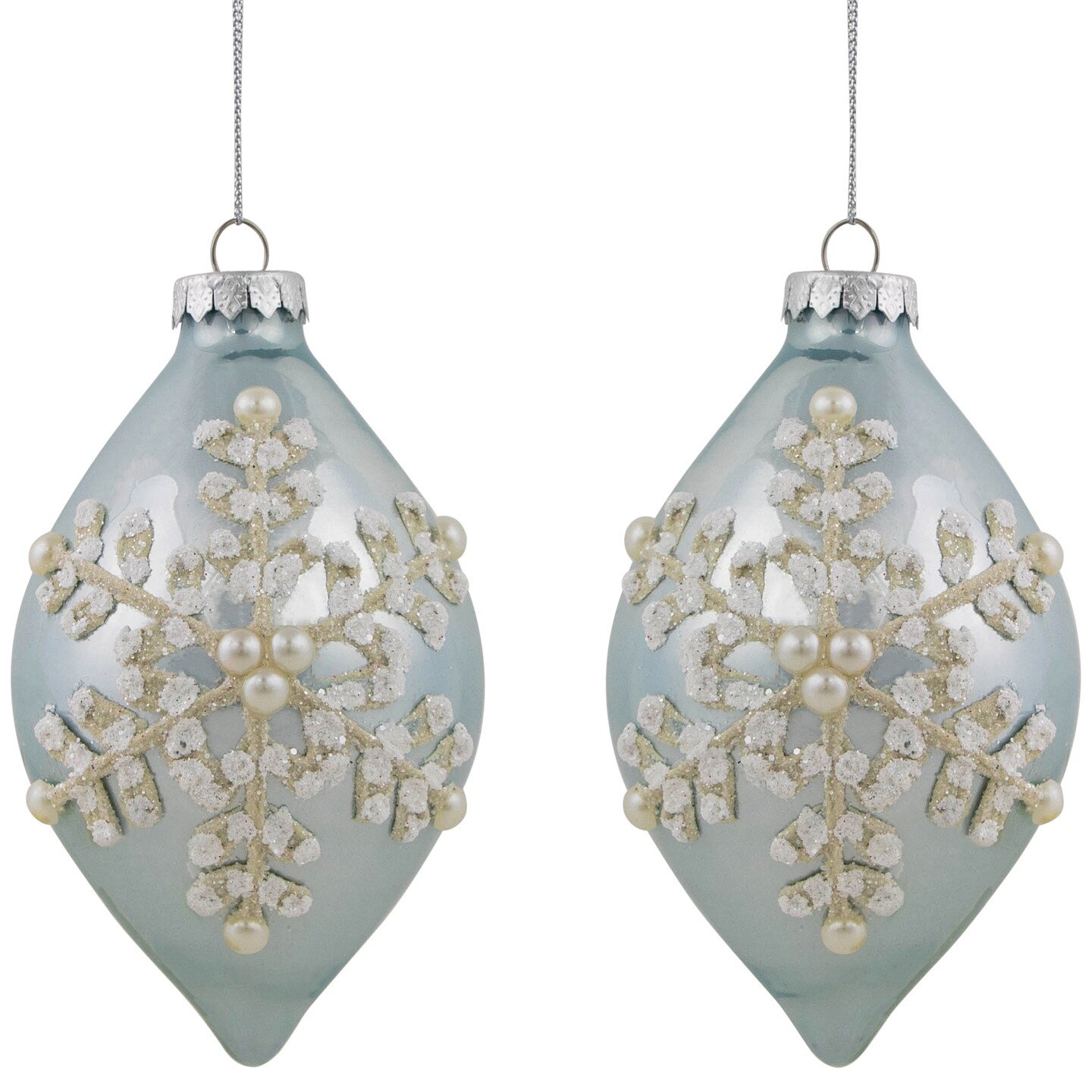 Northlight Set of 2 Shiny Artic Blue Textured Snowflakes Finial Christmas Glass Ornaments 5&#x22;