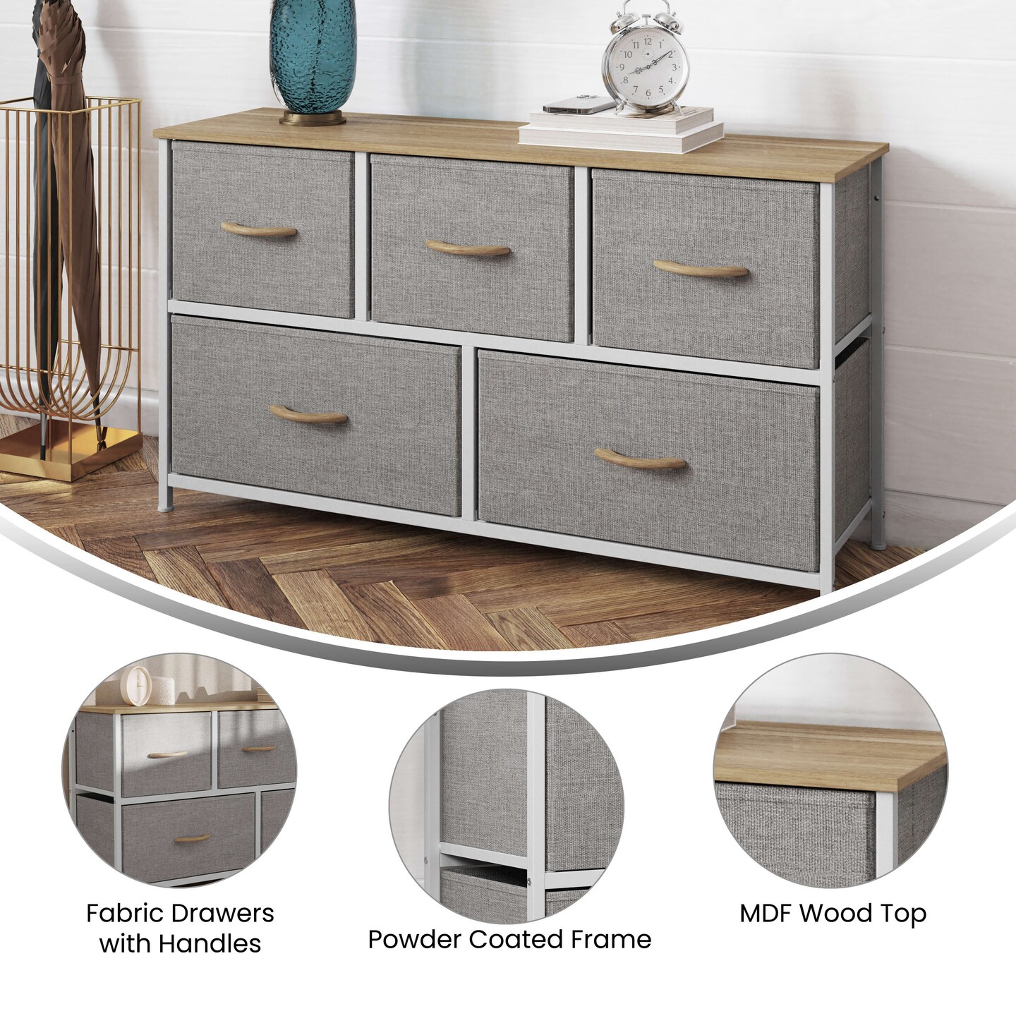 Emma and Oliver Marley 5 Drawer Storage Dresser with Cast Iron Frame, Wood Top and Easy Pull Fabric Drawers with Wooden Handles
