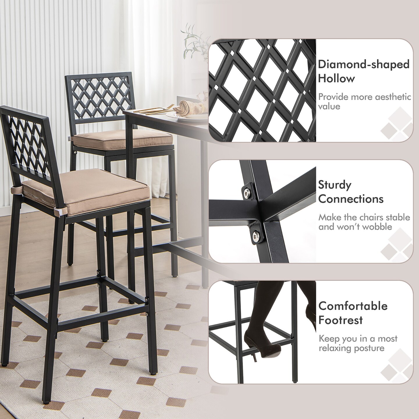 Costway Set of 2 Outdoor Bar Height Dining Chairs Patio Metal Bar Stools  with Cushion
