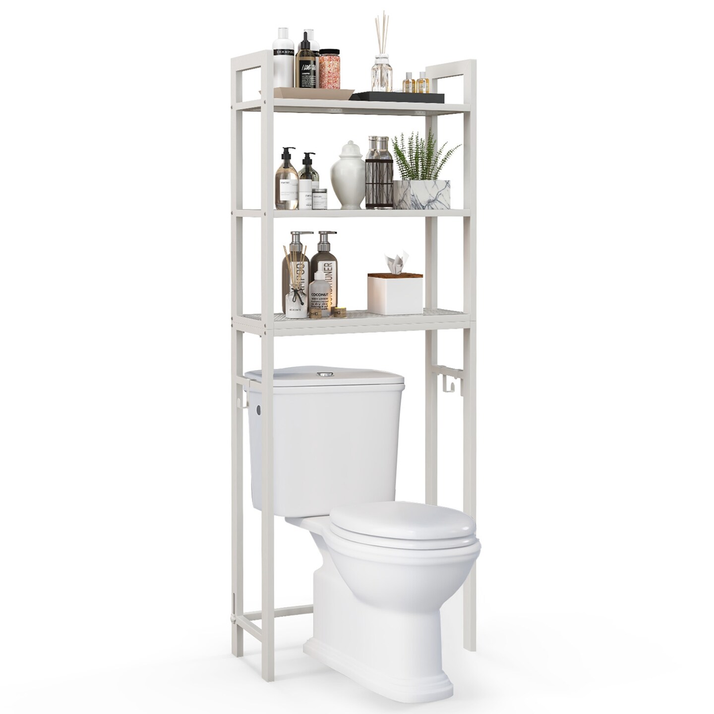 Costway Over-The-Toilet Storage Shelf Space Saving Metal Bathroom Organizer Hooks Grey/White/Brown