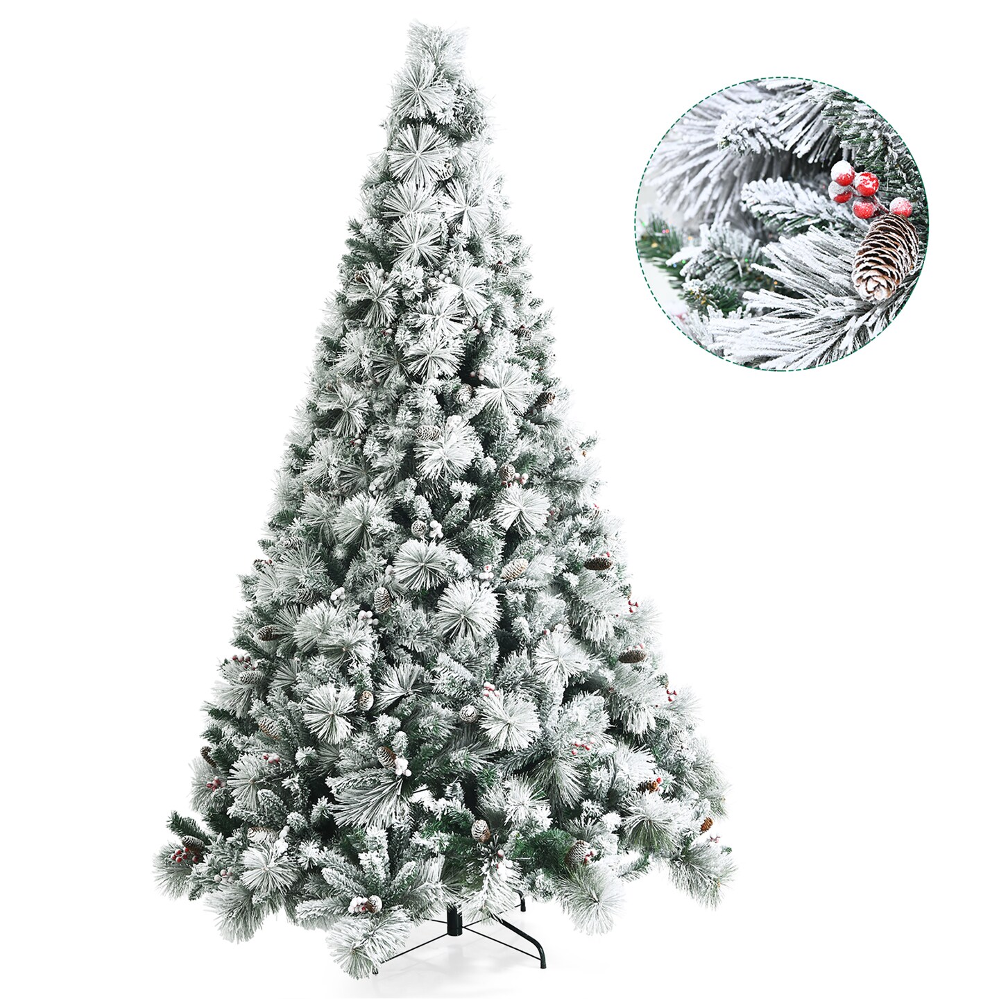 Costway 8ft Snow Flocked Christmas Tree Glitter Tips w/ Pine Cone &#x26; Red Berries