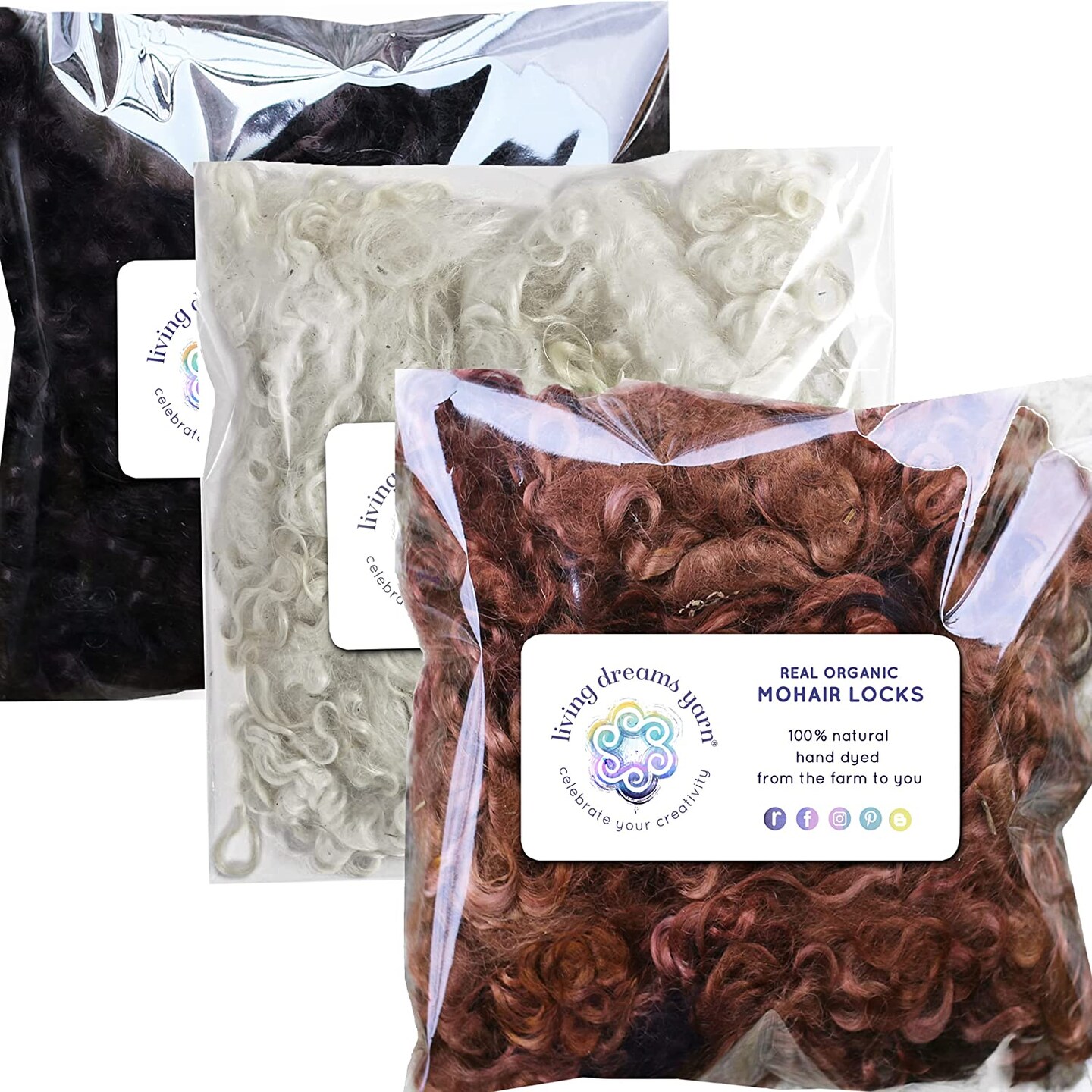 REAL MOHAIR LOCKS - 3 PACK. Organic Hand-Dyed Curly Wool for Rooting Doll Hair, Felting, Blending, Spinning