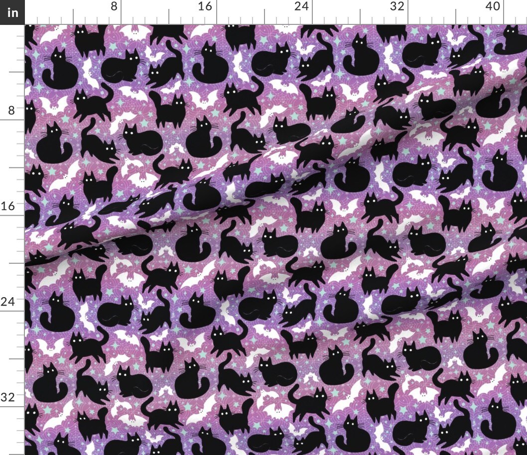 Pastel Halloween Black Cats Stars Purple Bats Cat Custom Printed Fabric by Spoonflower Various Fabrics by the Yard or Fat Quarter