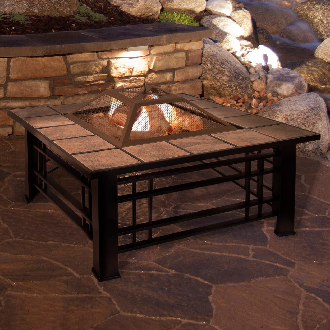 Pure Garden 32 Inch Tile Fire Pit Set With Spark Screen Log Poker Outdoor Patio