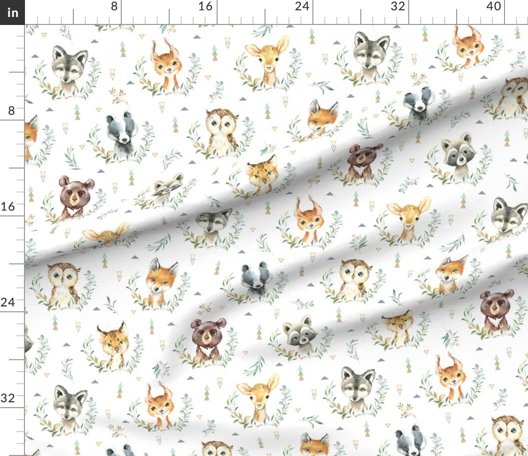 Woodland Animal Faces Bear Fox Raccoon Deer Custom Printed Fabric by Spoonflower Various Fabrics by the Yard or Fat Quarter