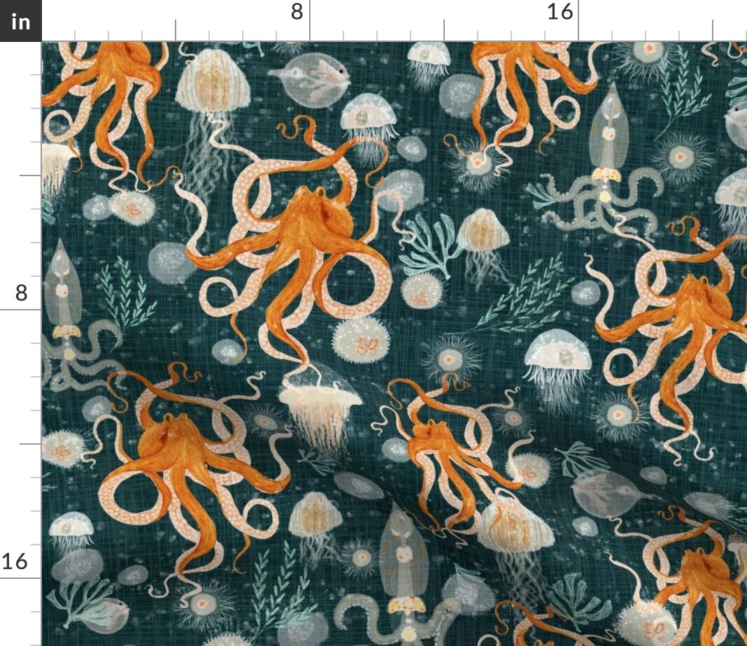 Octopus Blue Orange Sea Ocean Octopus Midnight Jellyfish Life Weed Tropical Custom Printed Fabric by Spoonflower Various Fabrics by the Yard or Fat Quarter