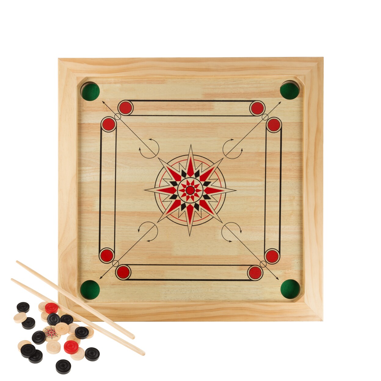 Hey! Play! Carrom Board Game Classic Strike and Pocket Table Game with Cue Sticks Like Table Shuffleboard or Finger Billiards