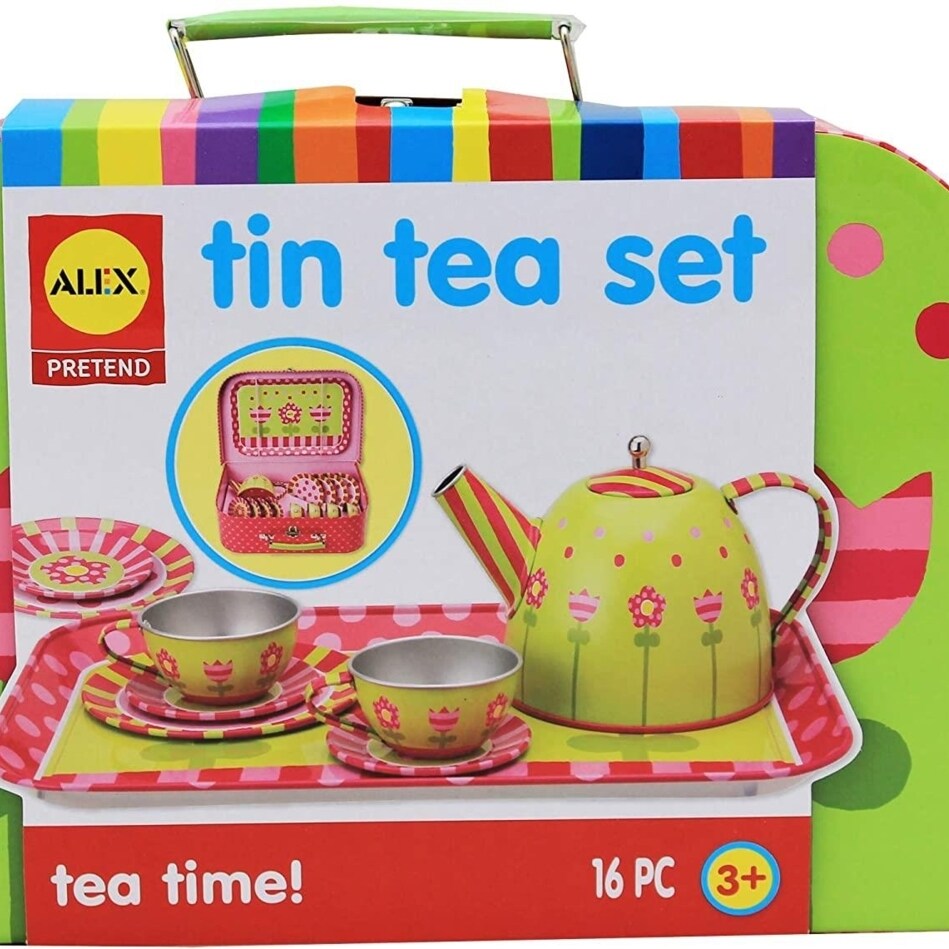 Alex Toys Alex Pretend Play Tea Time Tin 16pc Floral Kids Teapot Party Set Toys