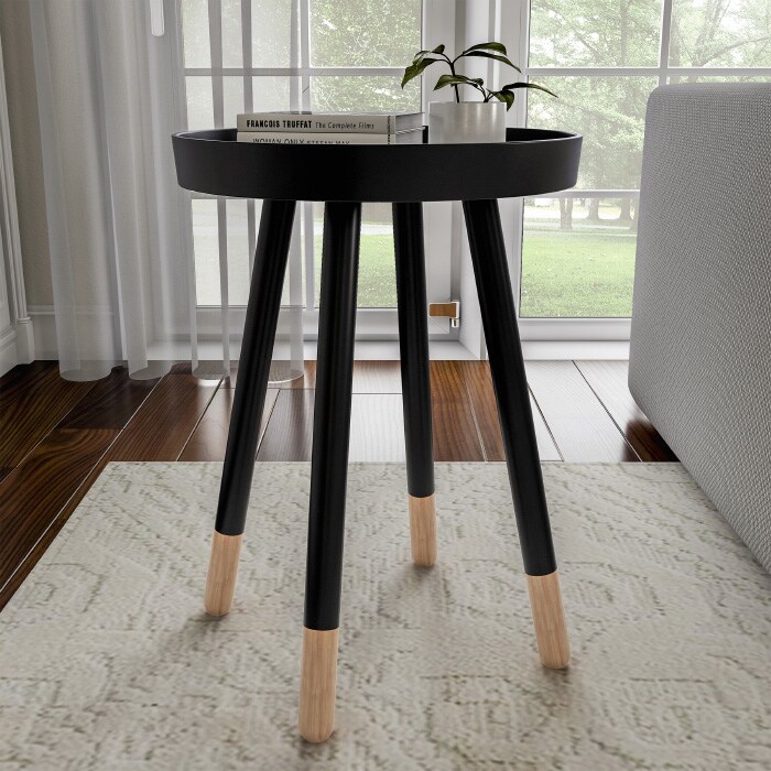 Black Round End Table Mid-Century Modern Wooden Accent 17X22 Easy Assembly