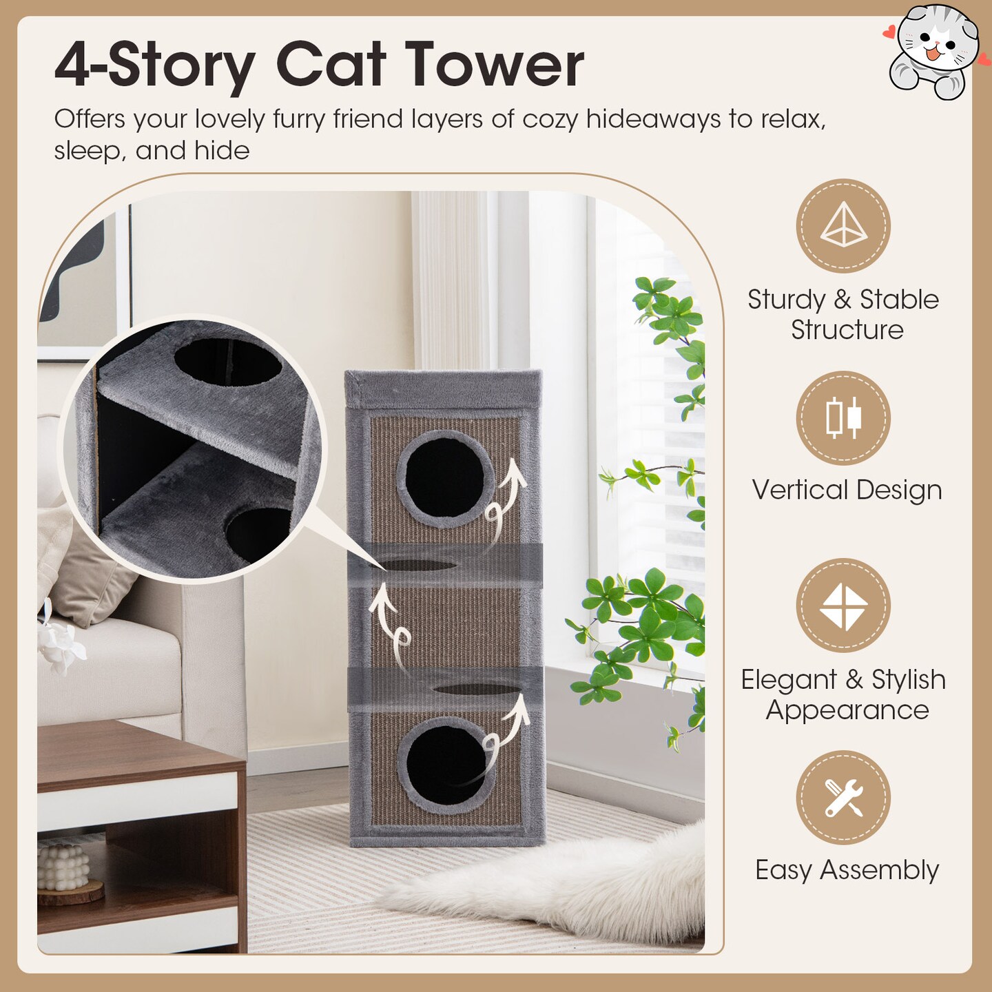 Costway 4-Story Cat House 39'' Cat Condo with Scratching Posts & 4 Soft Plush Cushions Gray/Natural