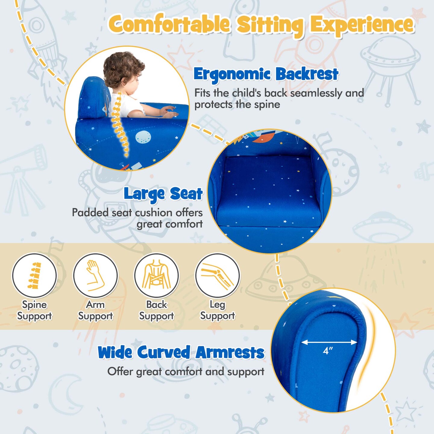 Costway Kids Sofa Toddler Upholstered Armrest Chair withSolid Wooden Frame Blue