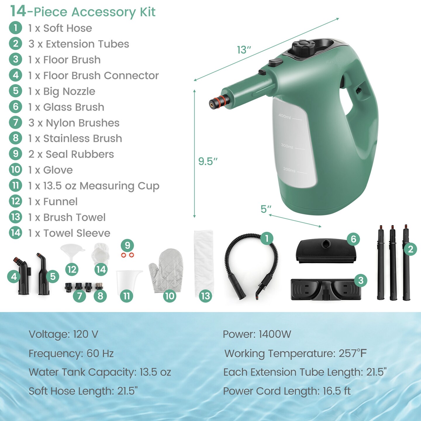 Costway 1400W Multipurpose Handheld Steam Cleaner Steam Mop with 14 Accessories Blue/Green