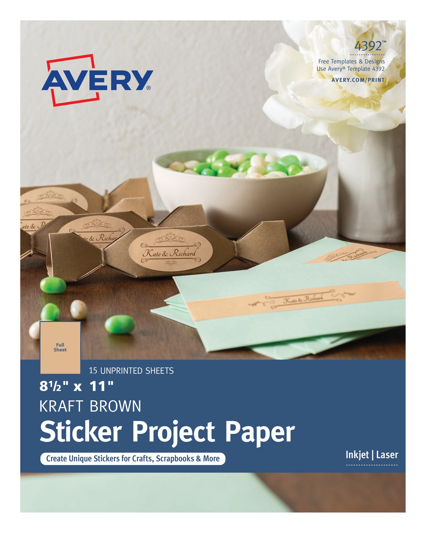 Avery Printable Sticker Paper, 8.5" x 11", Kraft Brown, Laser & Inkjet Printers, 15 Craft Paper Sheets (4392)