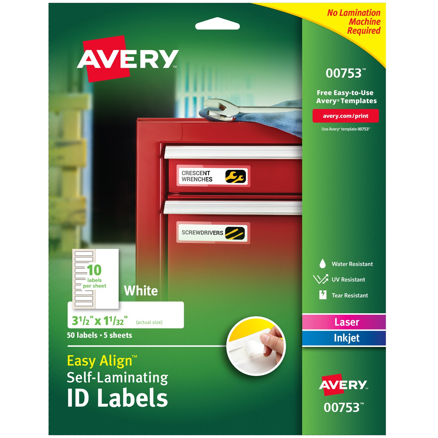 Avery Easy Align Self-Laminating ID Labels, 3-1/2&#x22; x 1-1/32&#x22;, Pack of 50 (00753)