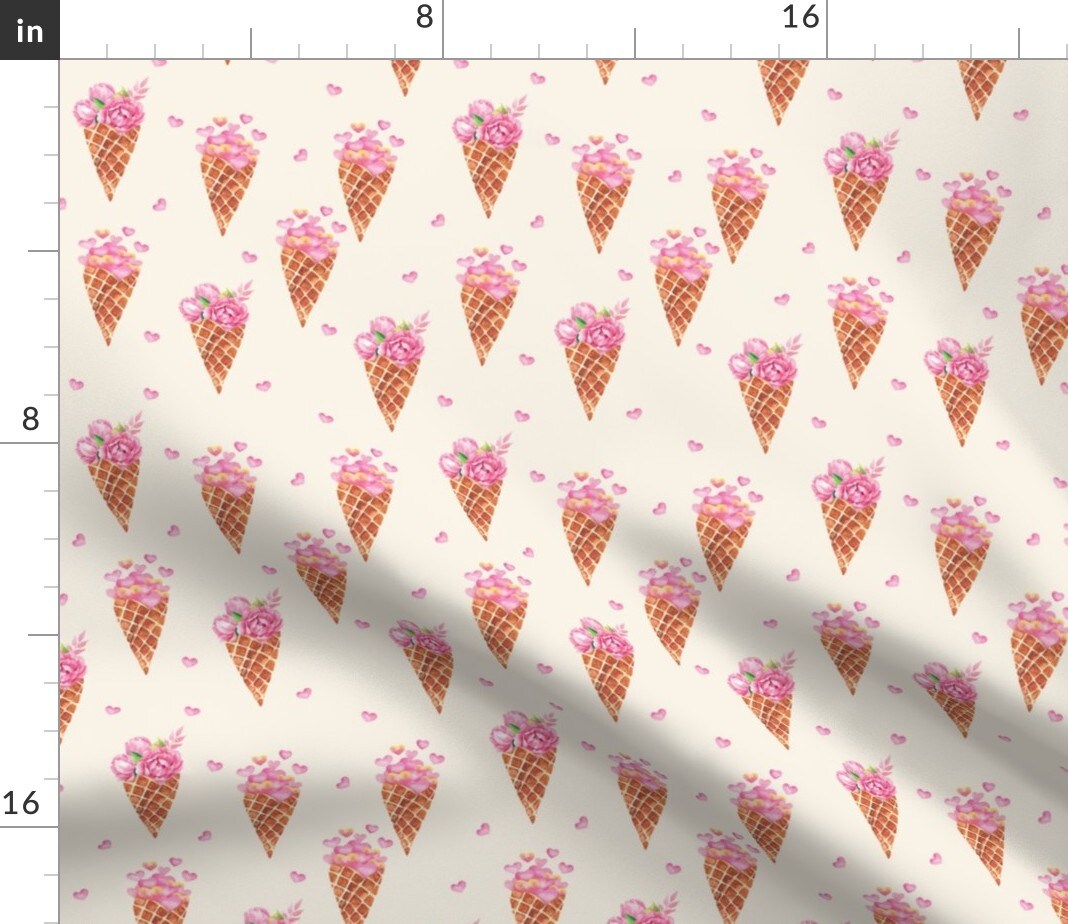 Ice Cream Watercolor Summer Sweet Treat Pink Brown Strawberry Hearts Custom Printed Fabric by Spoonflower Various Fabrics by the Yard or Fat Quarter