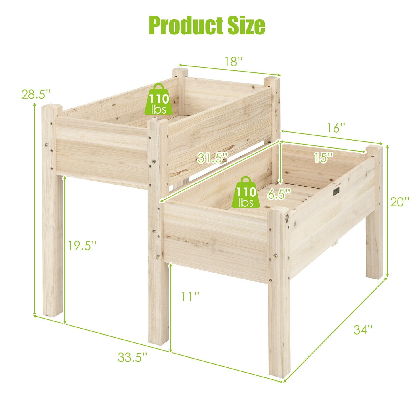 2 Tier Wooden Raised Garden Bed with Multiple Draining Holes Suitable for Yards or Porches