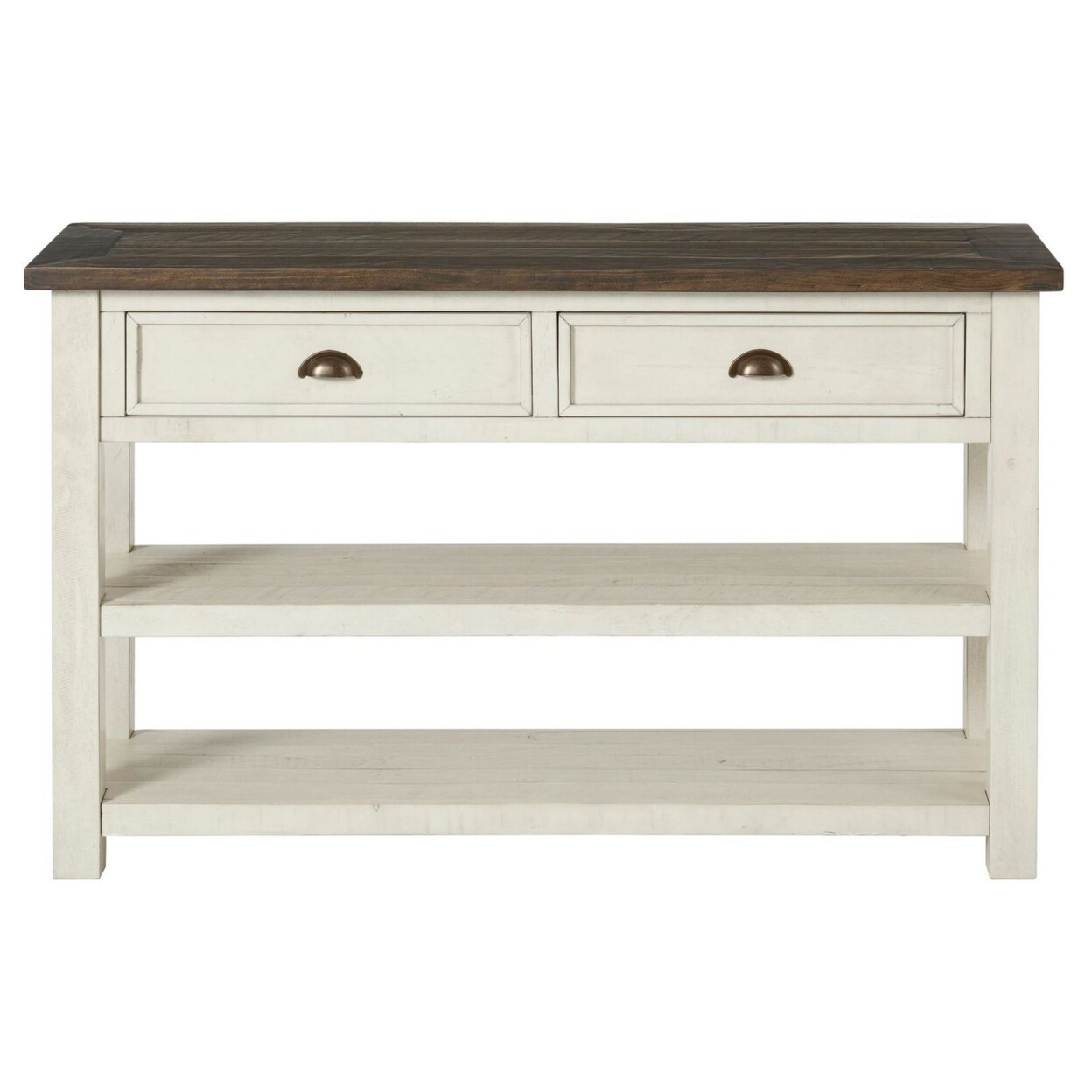 Saltoro Sherpi Fiya 50 Inch Coastal Sofa Console Table, 2 Drawers, 2 Shelves, Brown, White-