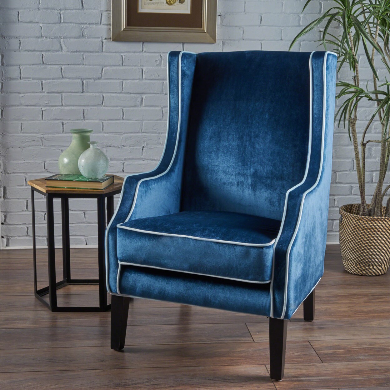 GDFStudio Edell Traditional  Velvet Two Toned High Winged Back Club Chair with Accent