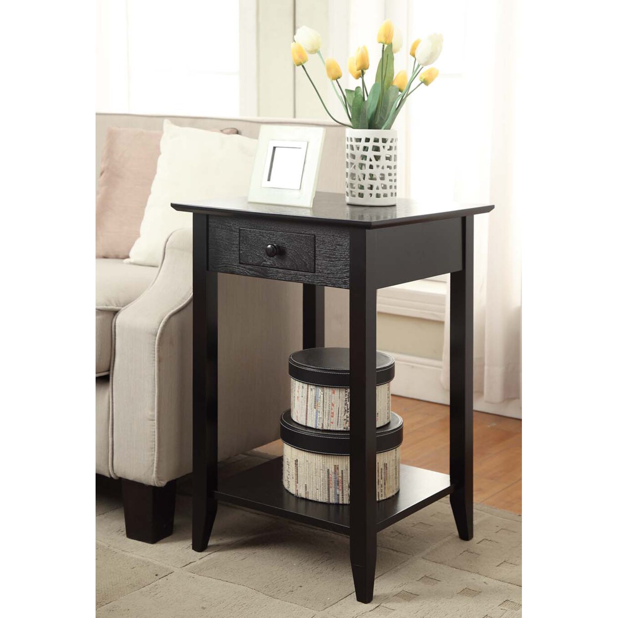 Convenience Concepts American Heritage End Table with Drawer and Shelf, Black
