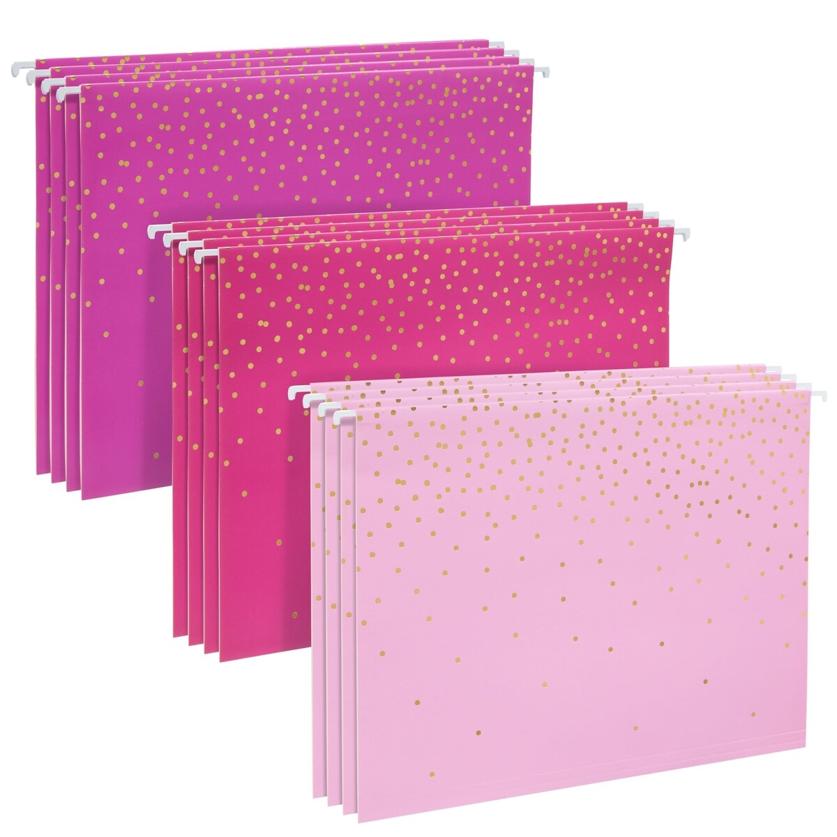 12 Pack Decorative Hanging File Folders, Letter Size, 1/5 Cut Tabs, Gold Foil Polka Dot Designs, 3 Pink Colors (9.5 x 11.5 In)