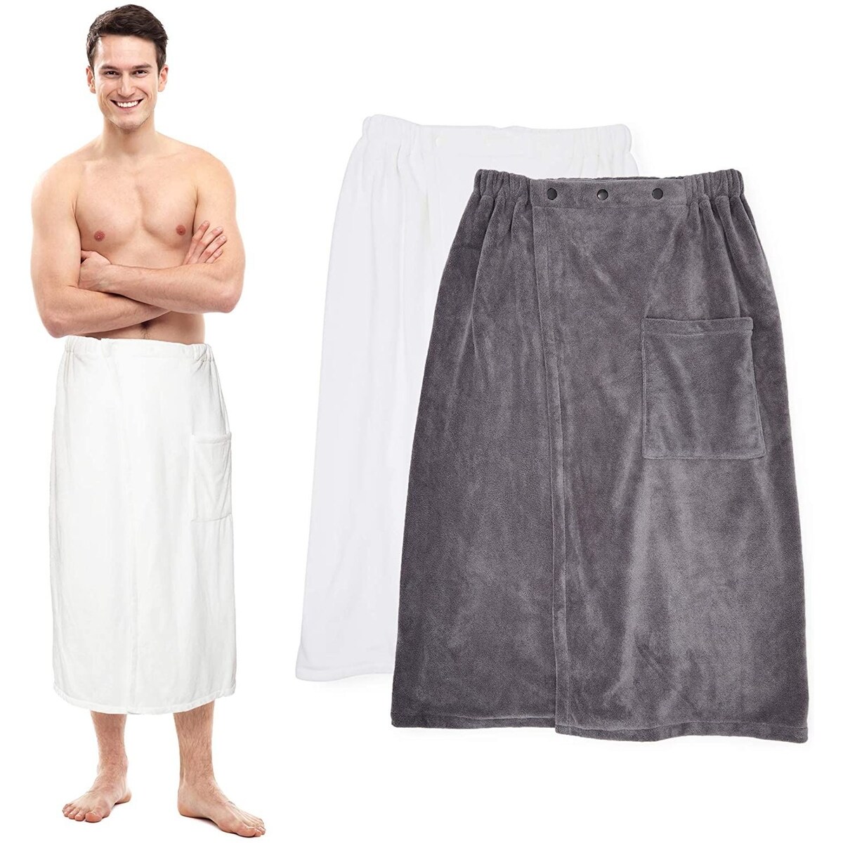 Okuna Outpost Bath Wrap Towels for Men, Grey and White (25.5 x 29 Inches, 2 Pack)