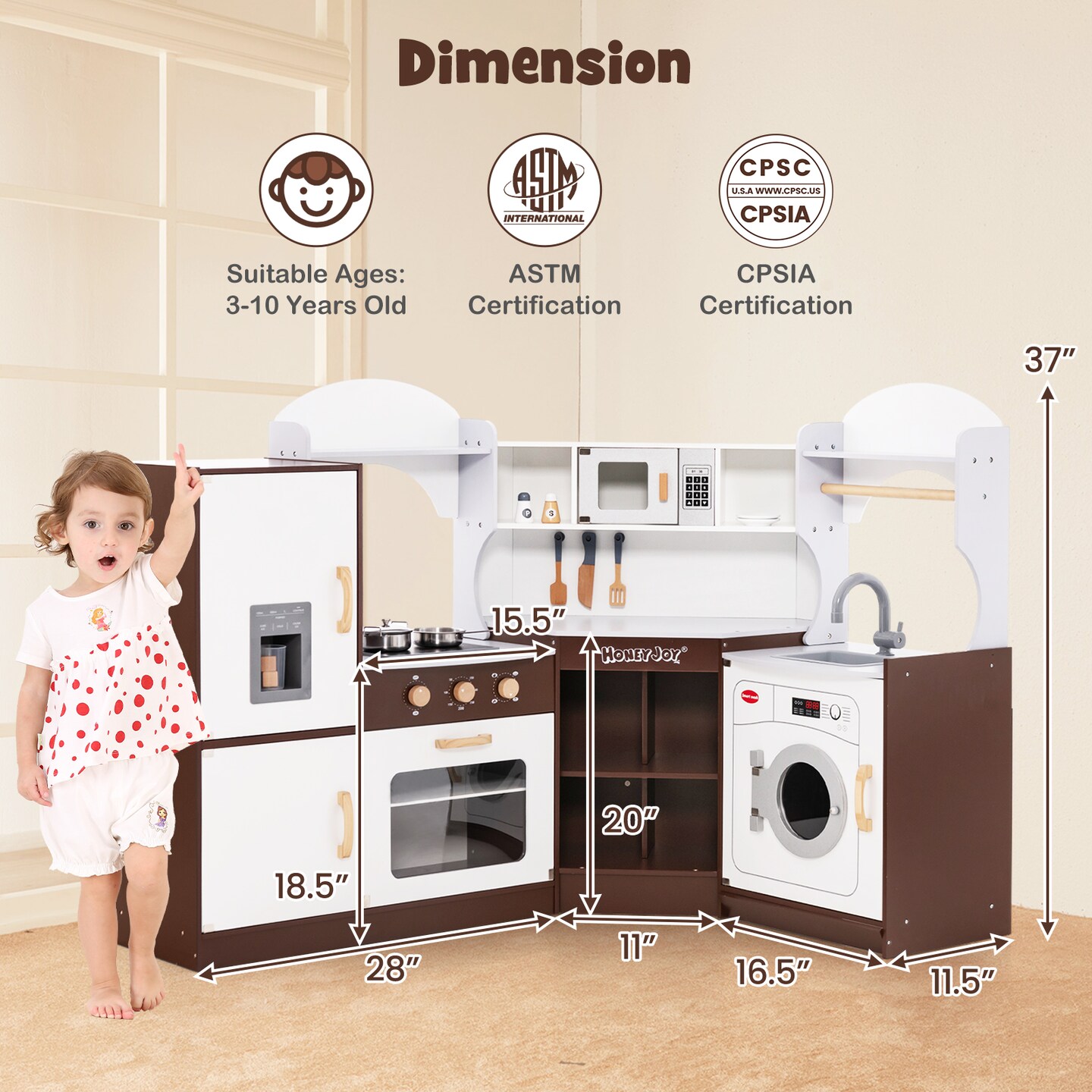 Honeyjoy Corner Play Kitchen with Ice Maker Microwave Oven for Kids 3+ Years Old Wooden Toy