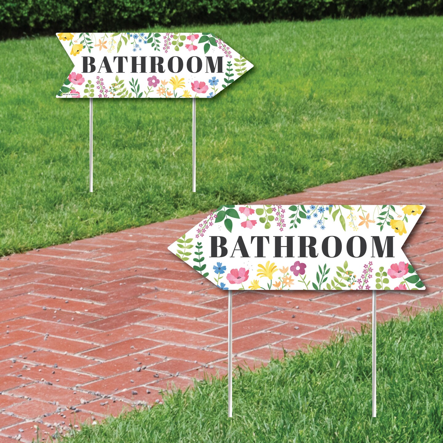 Big Dot of Happiness Wildflowers Wedding Bathroom Signs - Boho Floral Wedding Sign Arrow - Double Sided Directional Yard Signs - Set of 2