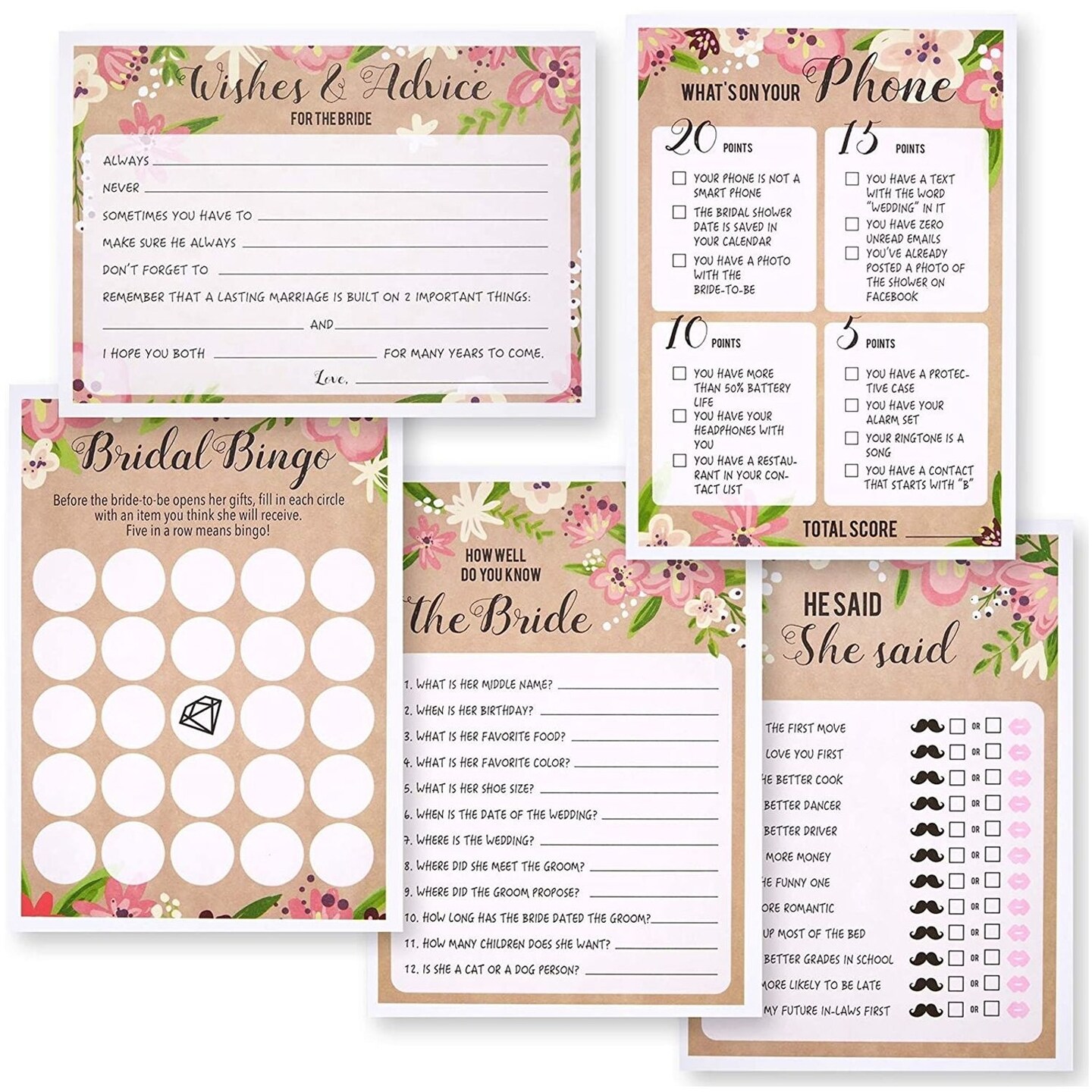 Set of 5 Bridal Shower Games for 50 Guests, Engagement Celebrations, Bridal, Bachelorette, Anniversary, and Wedding Party Supplies, Vintage-Style Floral Theme (5 Different Games)