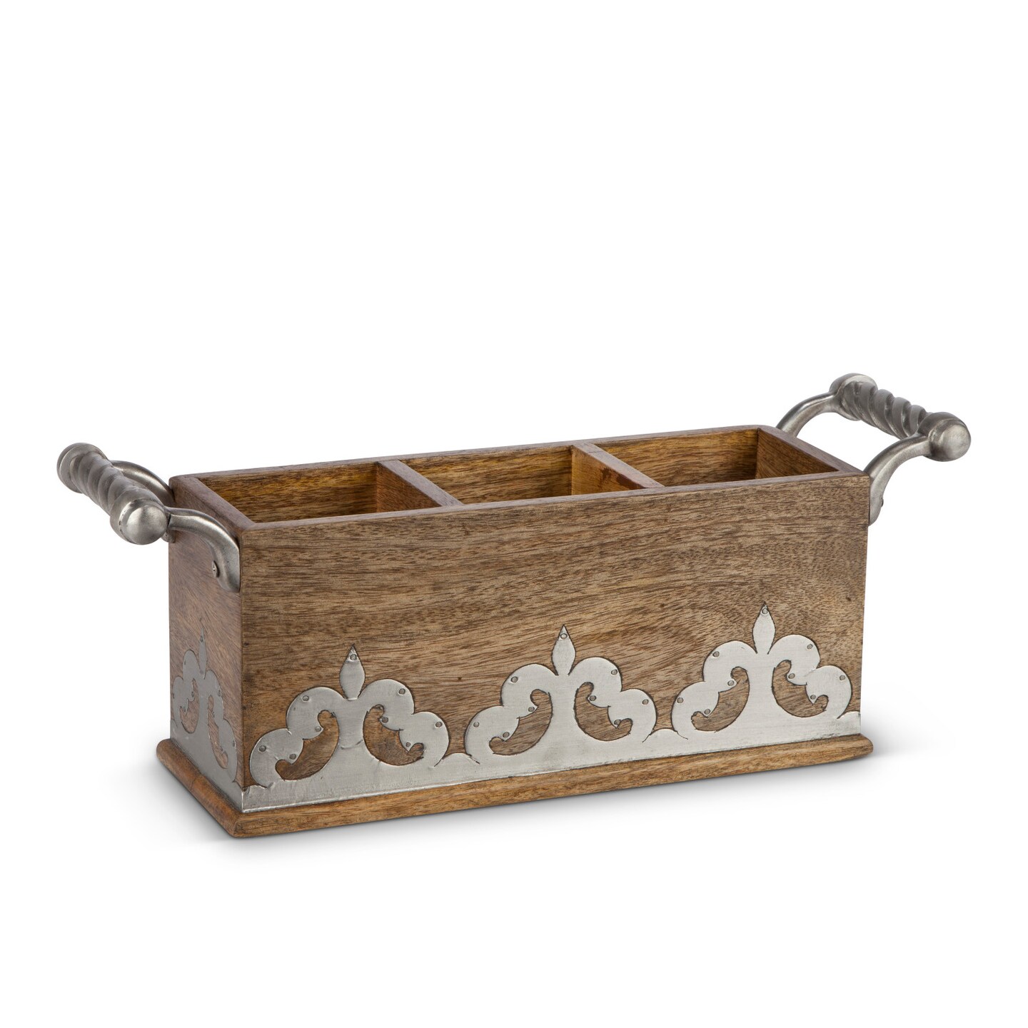 Gerson 16&#x22; Brown and Silver Rectangular Wooden and Metal Flatware Caddy