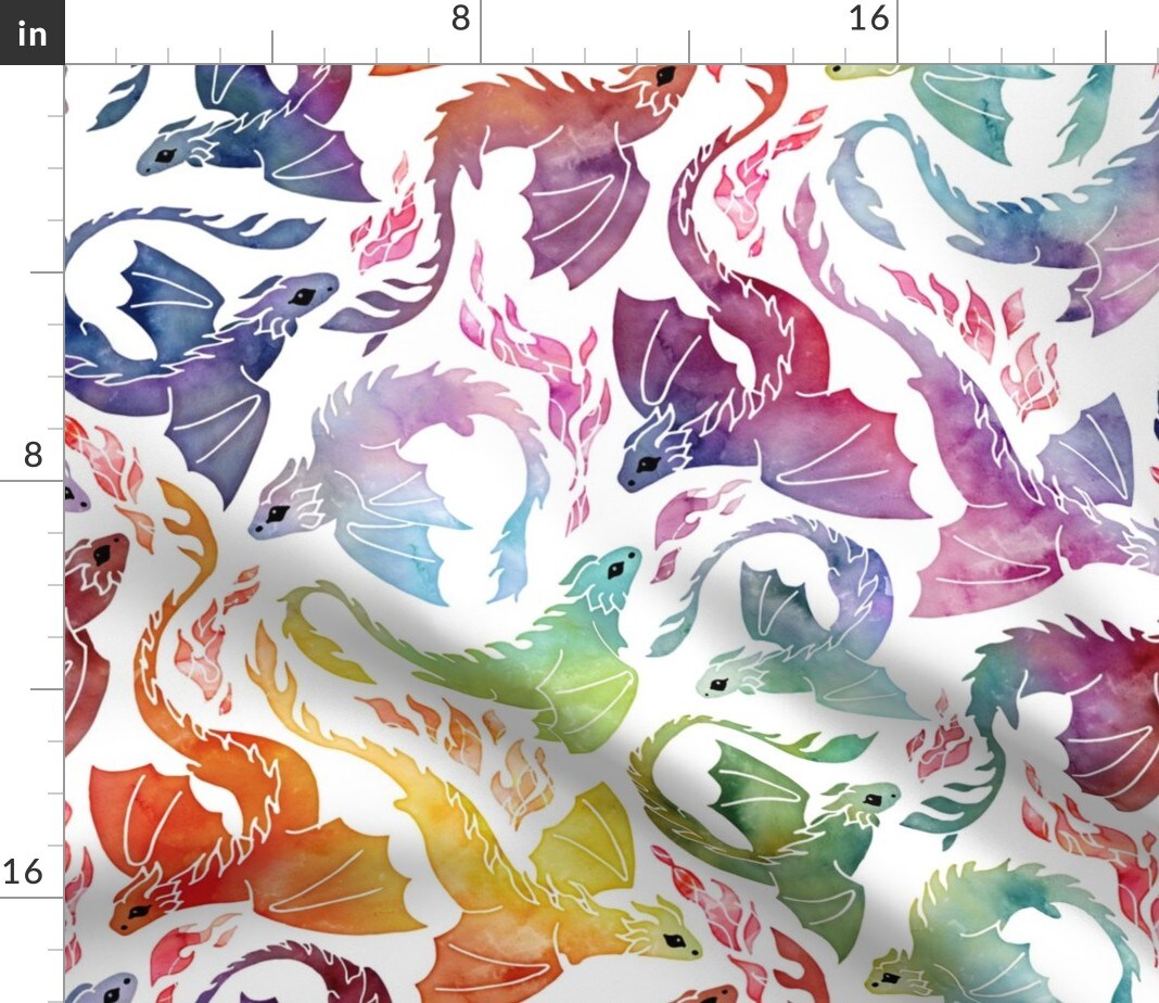 Dragon Fire Rainbow Cute Fantasy Watercolor Fairy Tale Flying Custom Printed Fabric by Spoonflower Various Fabrics by the Yard or Fat Quarter 11112826