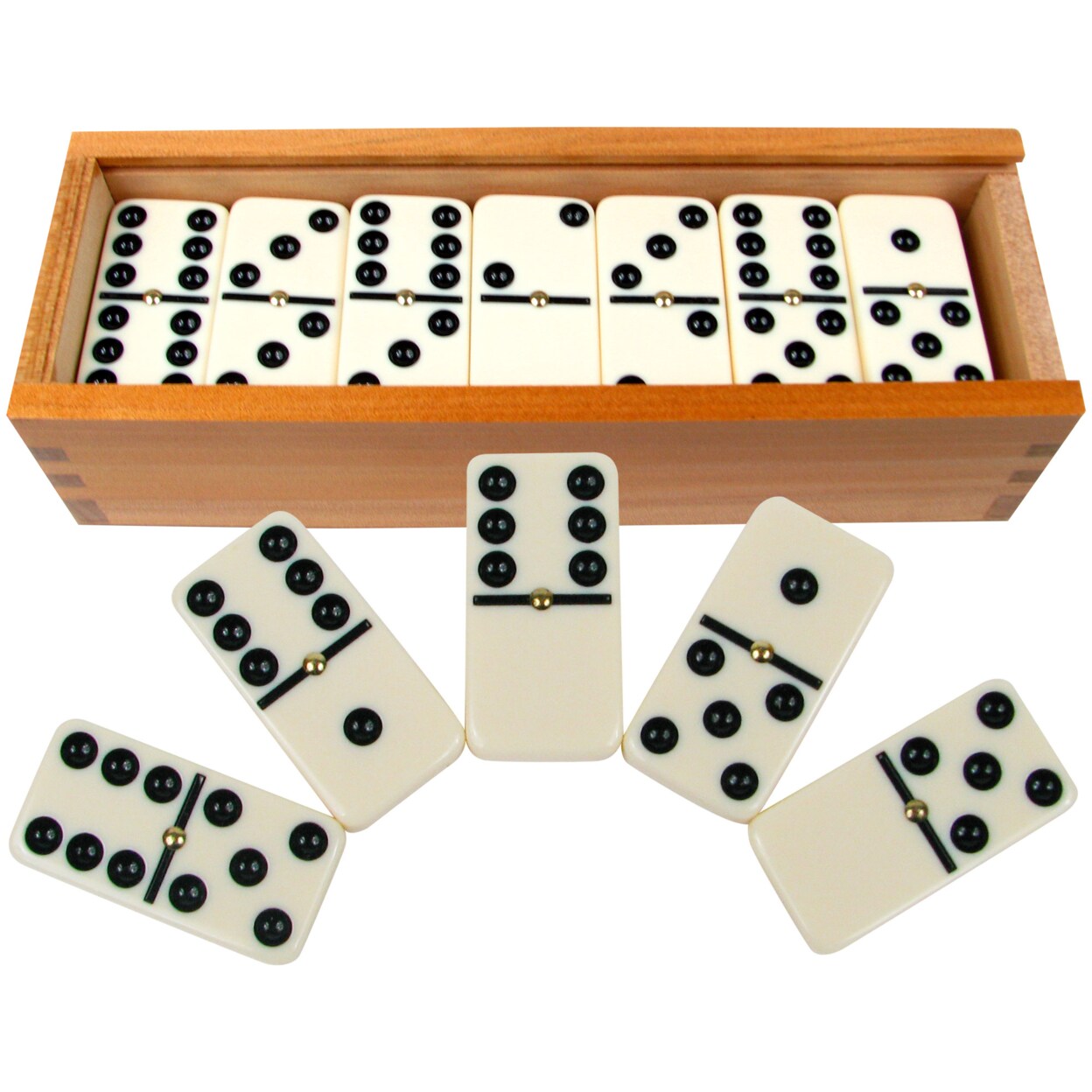 Hey! Play! Premium Set of 28 Double Six Dominoes w/ Wood Case with Pips for Easy Flips