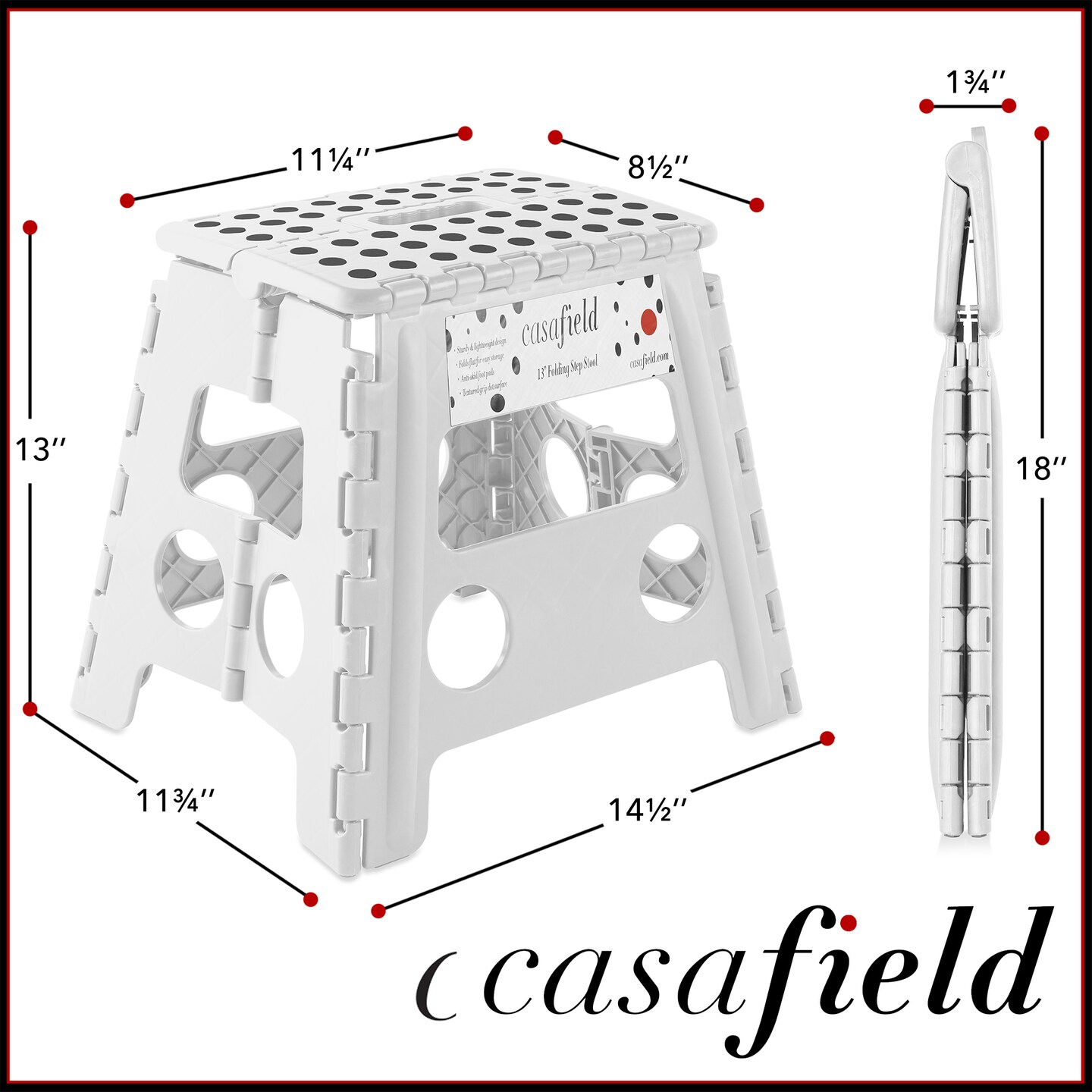 Casafield 13&#x22; Folding Step Stool with Handle, White - Portable Collapsible Small Plastic Foot Stool for Adults - Use in the Kitchen, Bathroom and Bedroom