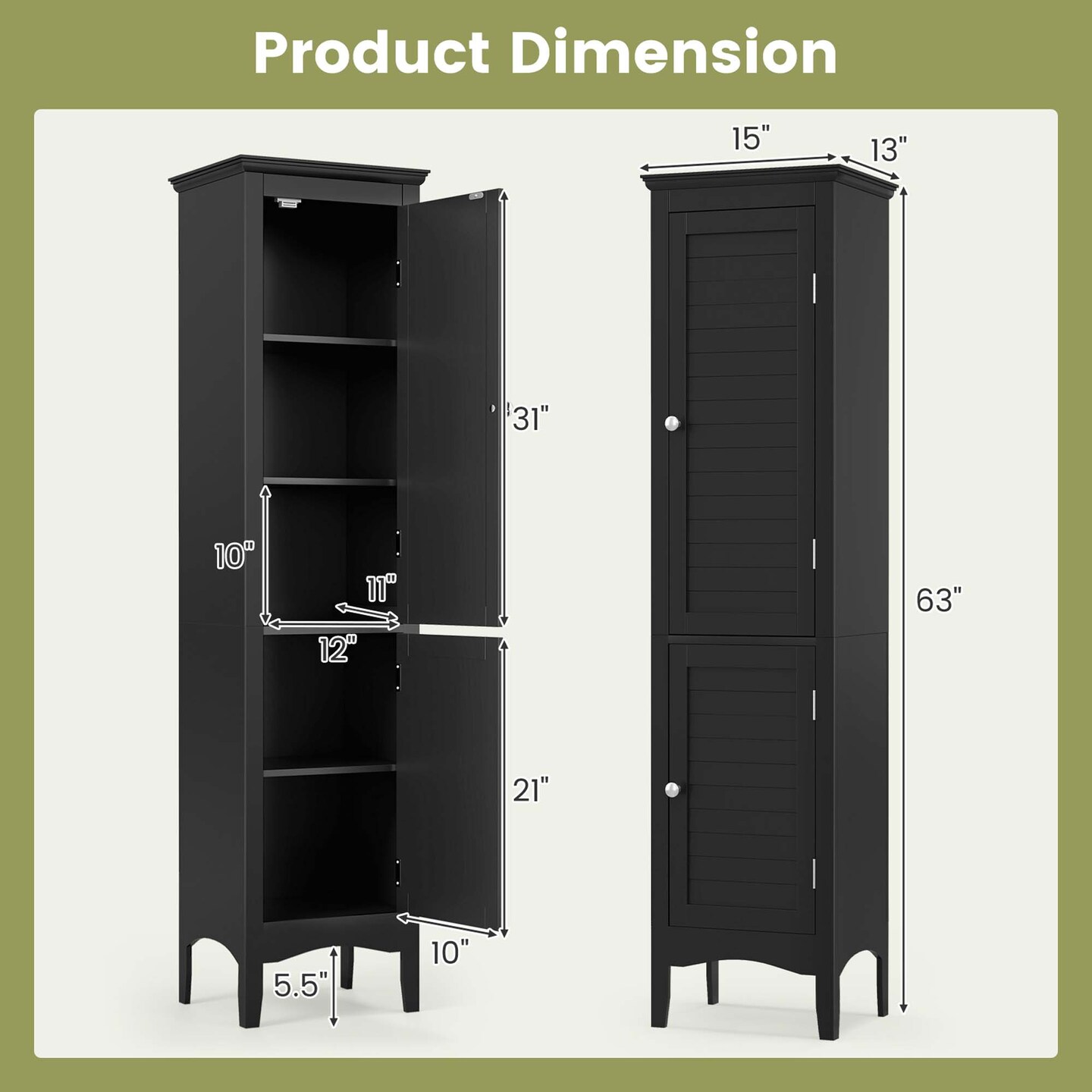 Costway Tall Bathroom Floor Cabinet Narrow Linen Tower with 2 Doors &#x26; Adjustable Shelf Black/Coffee/Grey