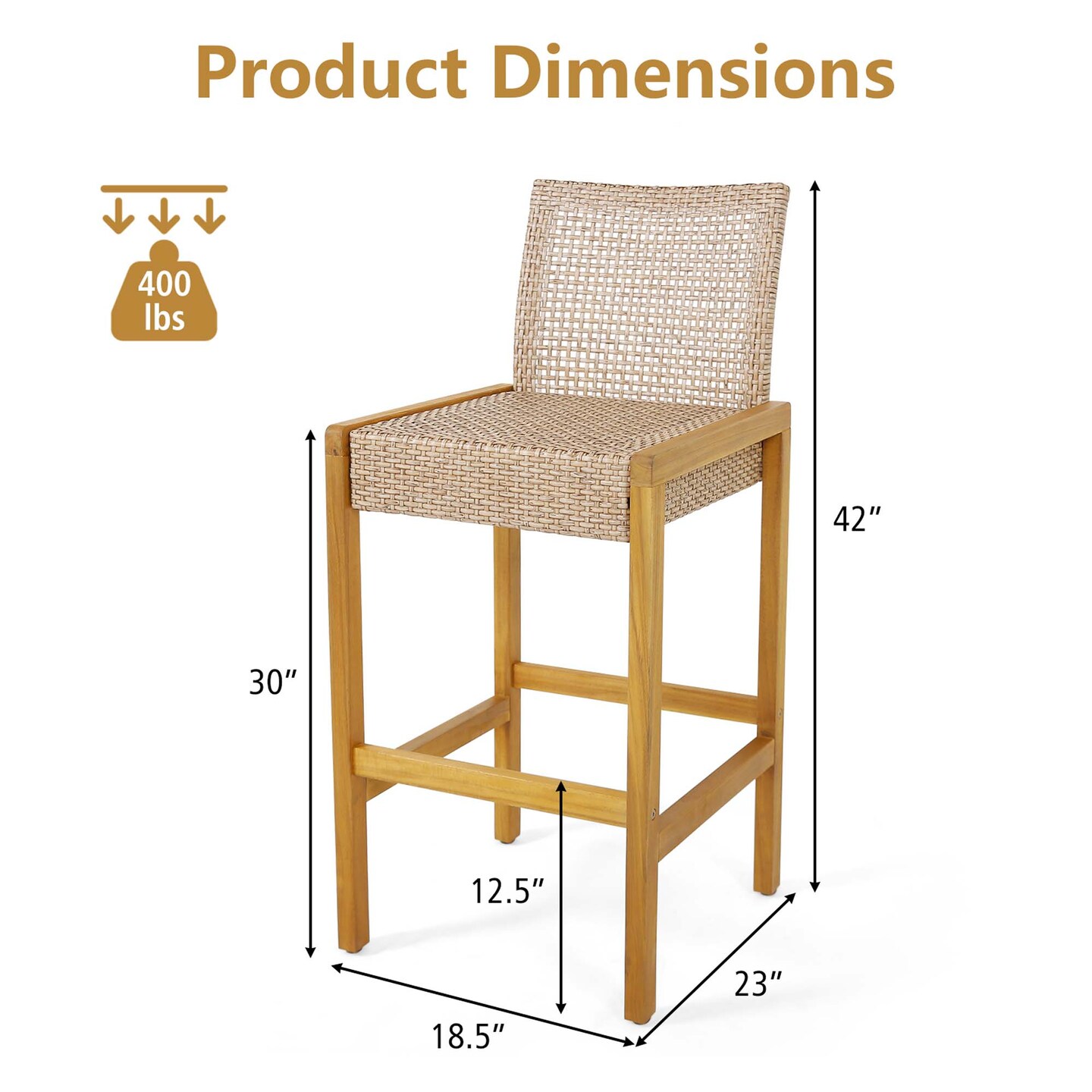 Costway Set of 4 Patio Wood Barstools Rattan Bar Height Chairs with Backrest Porch Balcony