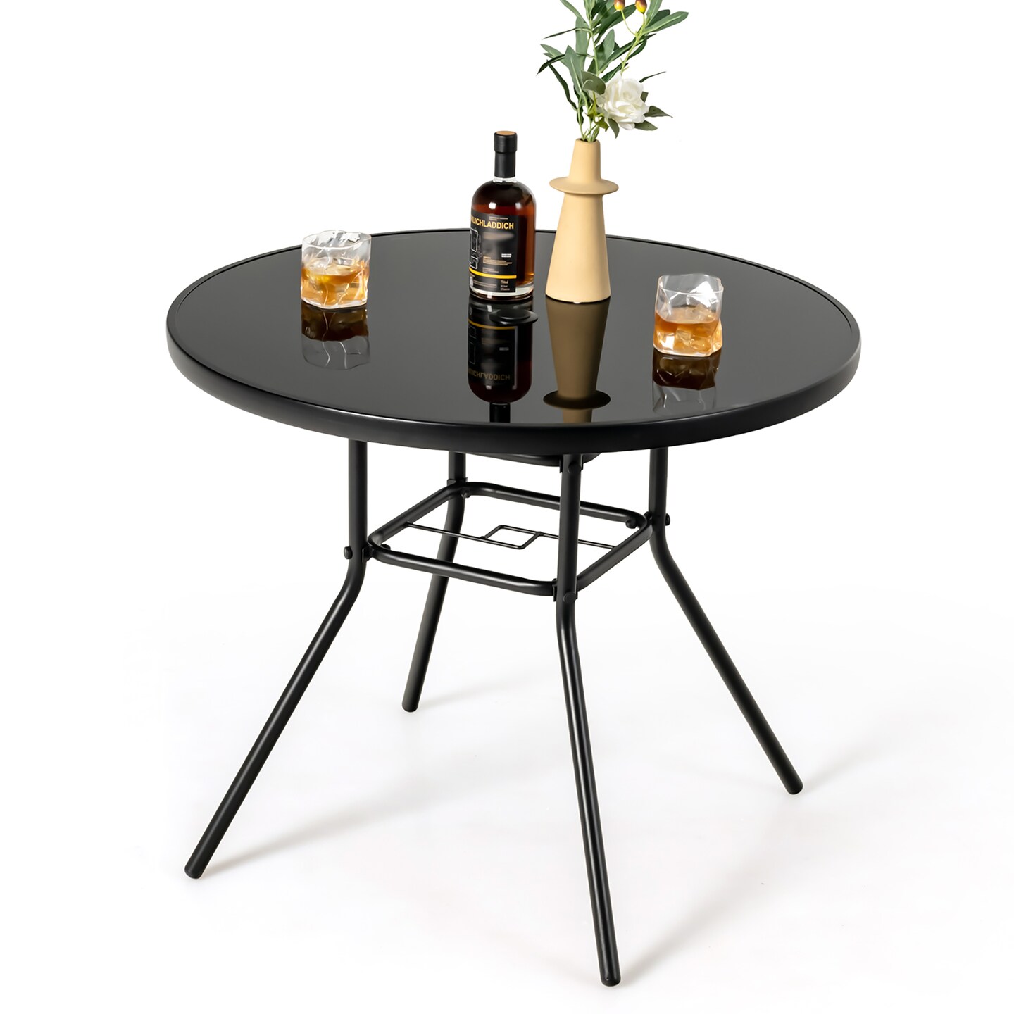 Costway 34 Inch Patio Dining Table Round Tempered Glass Tabletop&#xA0;with 1.5&#x27;&#x27; Umbrella Hole