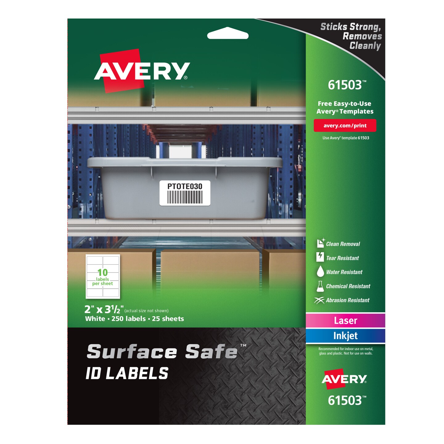 Avery Surface Safe ID Labels, 2&#x22; x 3-1/2&#x22;, Water Resistant, Matte White, Removable Adhesive, 250 Labels (61503)