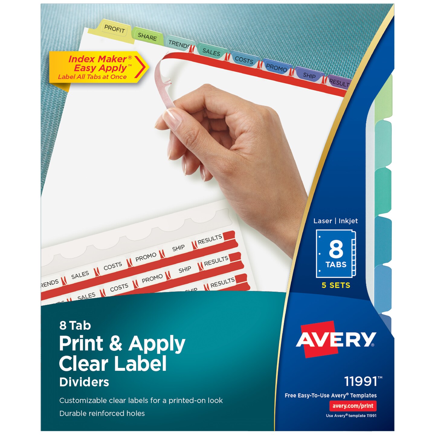 Avery 8 Tab Dividers for 3 Ring Binder, Easy Print &#x26; Apply Clear Label Strip, Index Maker Customizable Pastel Tabs, 5 Sets (11991)