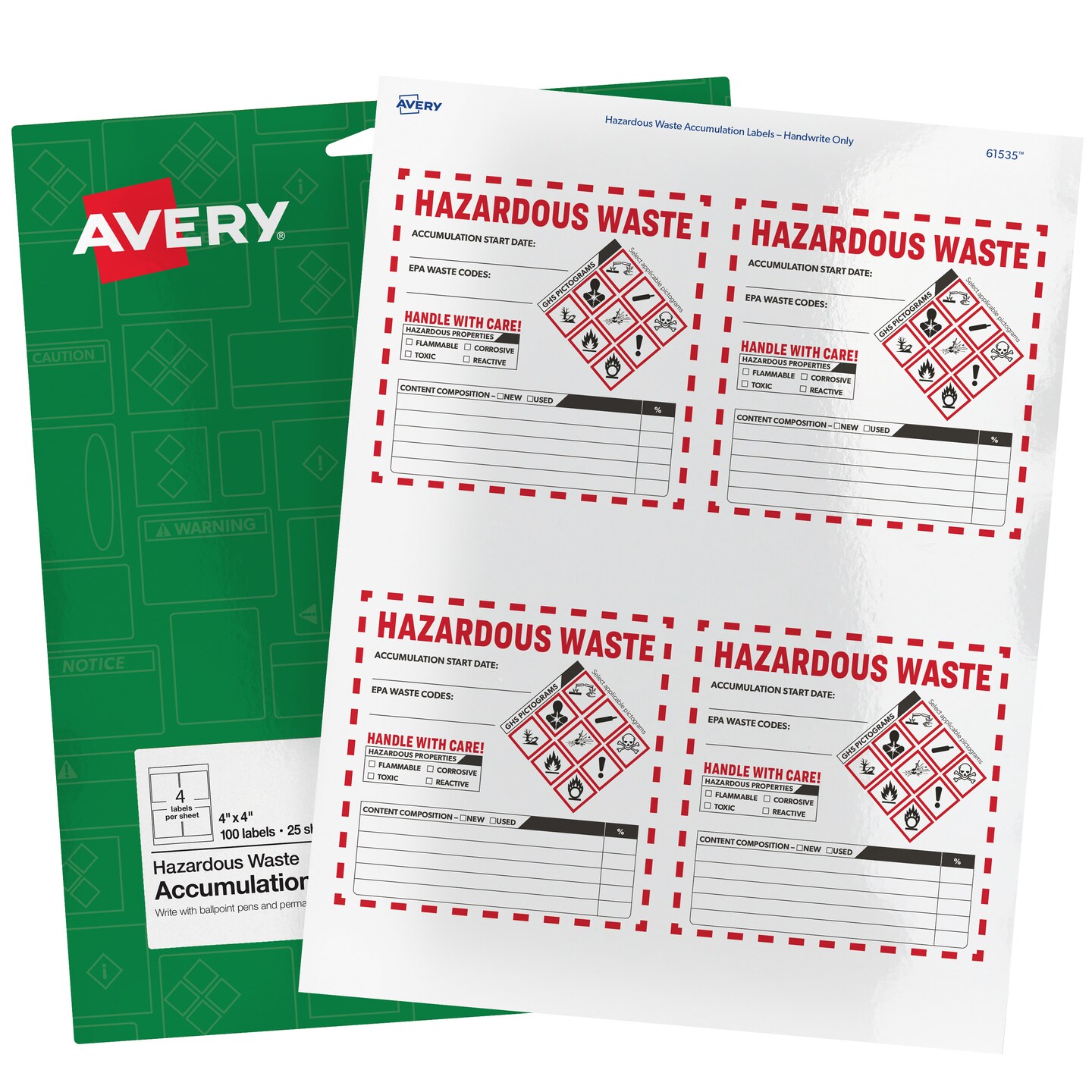 Avery Hazardous Waste Accumulation Labels, Pre-Printed, Handwrite Only, 4" x 4", 100 Labels (61535)