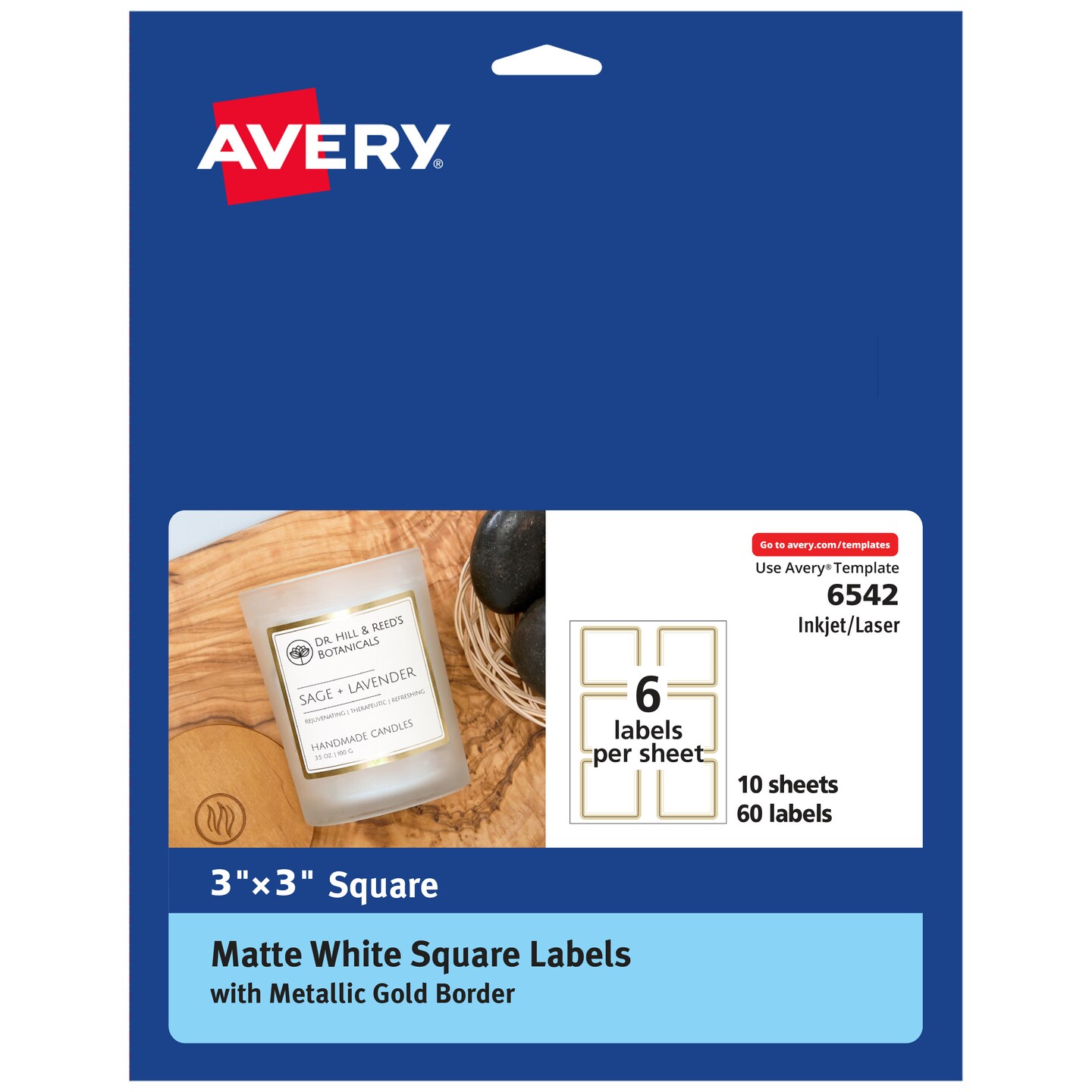 Avery Matte White Labels with Metallic Gold Borders, 3" x 3" Square Labels, 60 Total, Laser/Inkjet Printable Labels (6542)