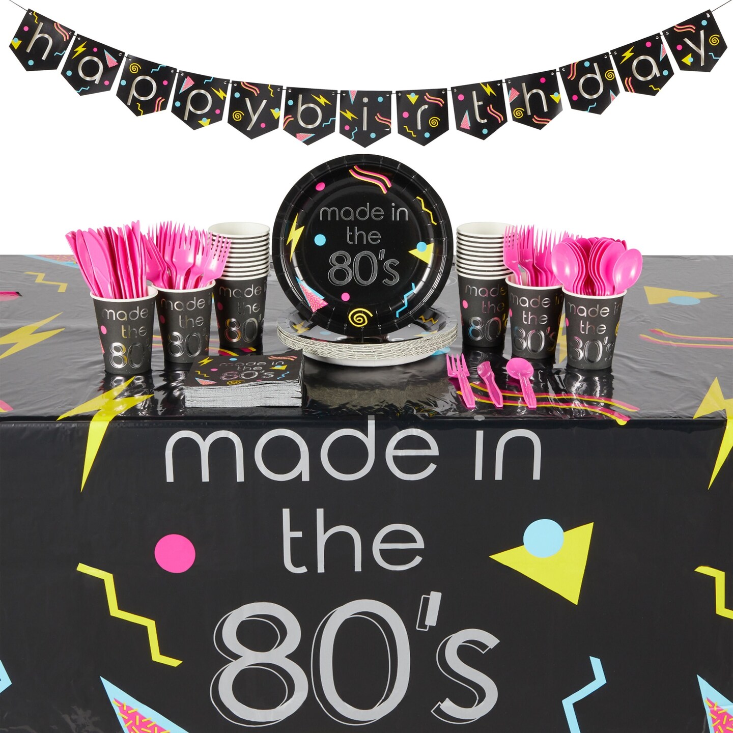 Serves 24 Guests 80s Birthday Party Decorations, Party Supplies Bundle Includes Plates, Napkins, Cups, Cutlery, Tablecloth, and Happy Birthday Banner, Disposable Dinnerware Set (146 Pieces)