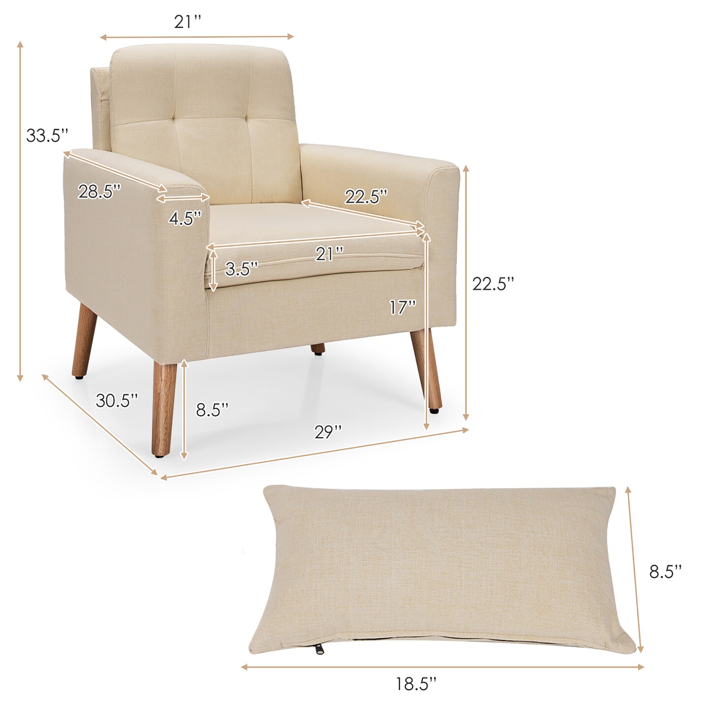 Costway Accent Chair Upholstered Linen Armchair Sofa Chair w/Waist Pillow