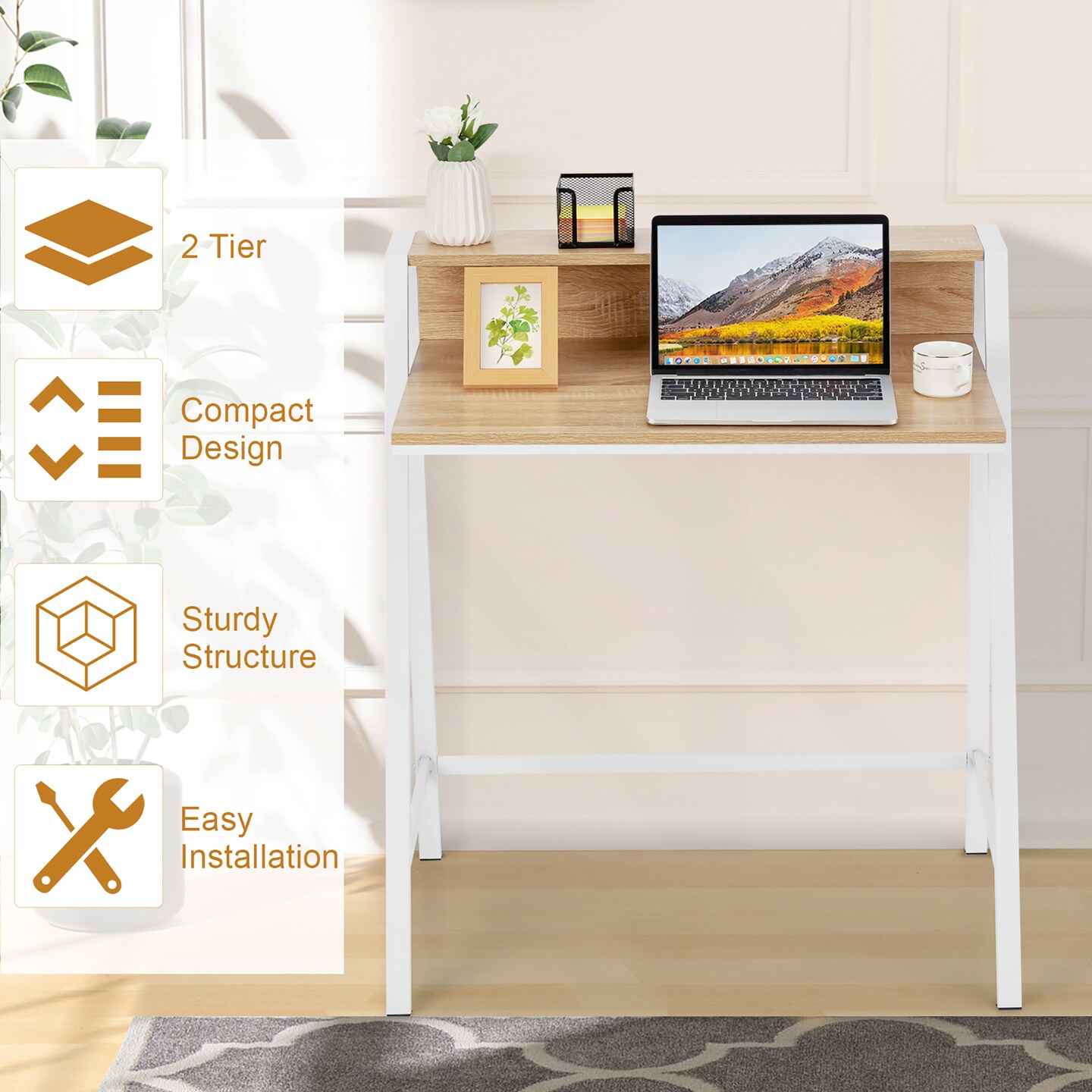 Goplus 2 Tier Computer Desk PC Laptop Table Study Writing Home Office Natural