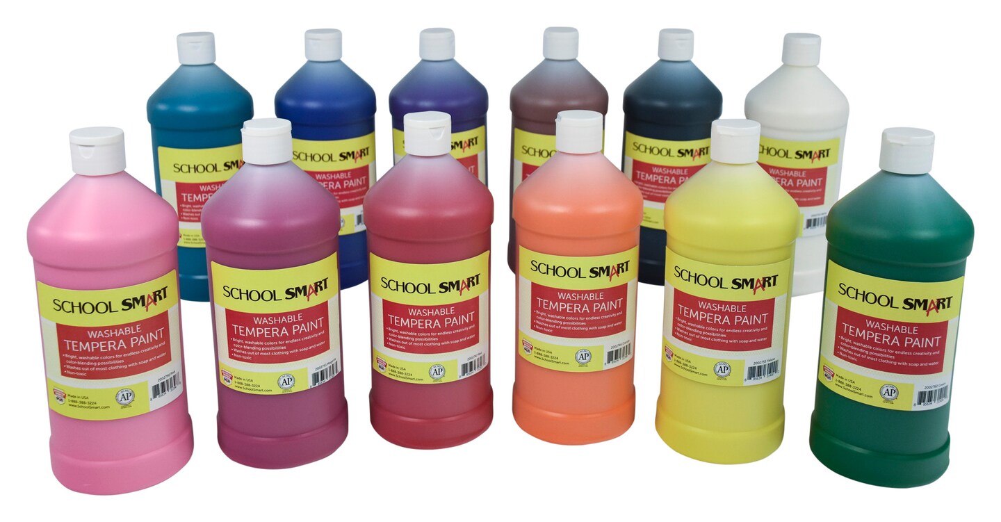 School Smart Washable Tempera Paints, Assorted Colors, Quart Set of 12