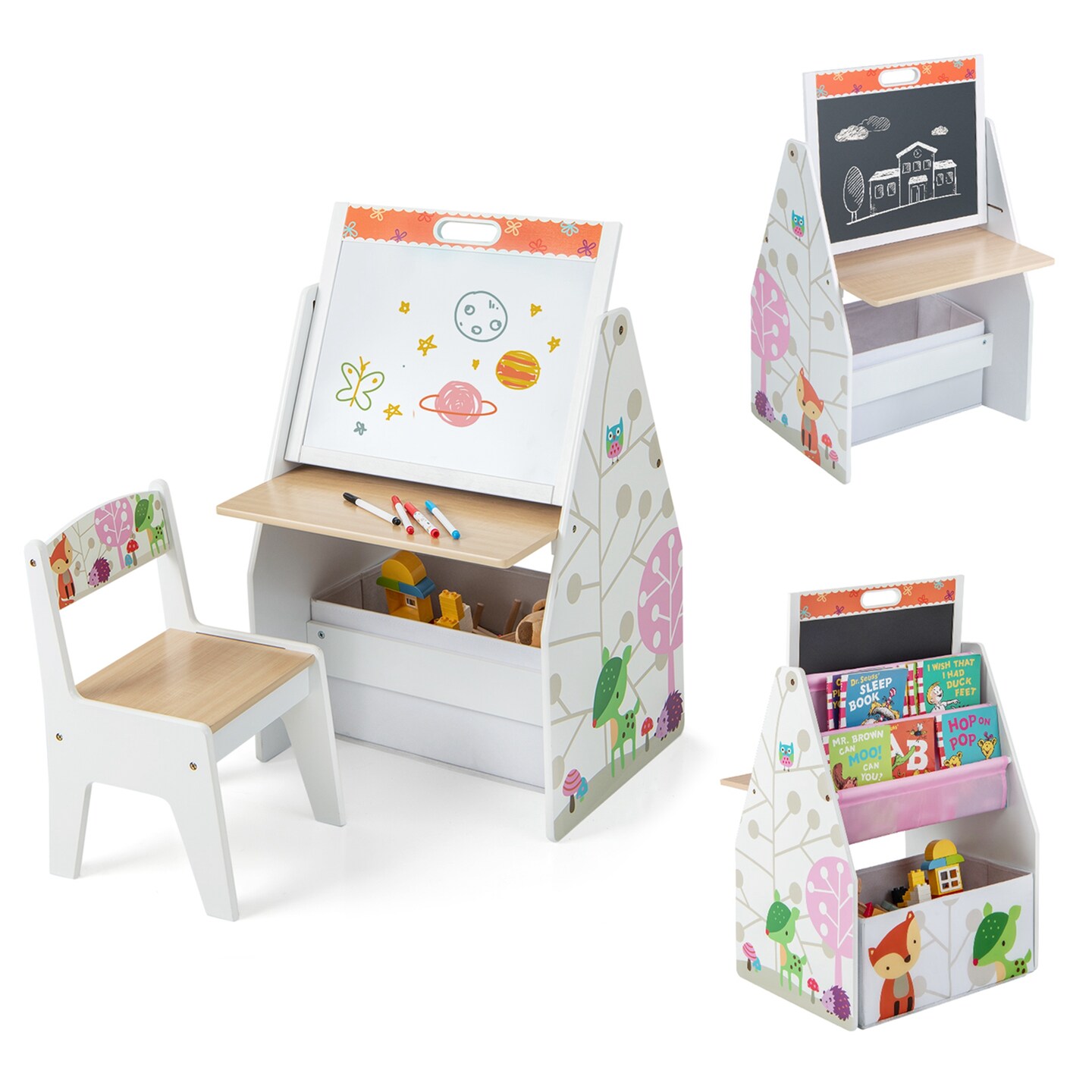 Costway Kids Table &#x26; Chair Set with Rotatable Double-sided Magnetic Blackboard &#x26; Whiteboard Grey/White