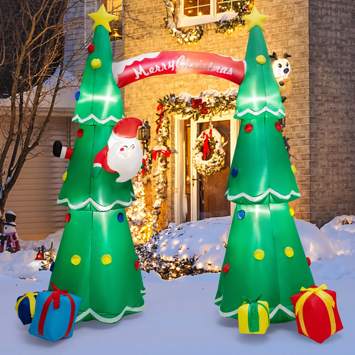 10Ft Tall Christmas Inflatable Tree Arch Santa Claus And Reindeer W/ Air Blower And Leds